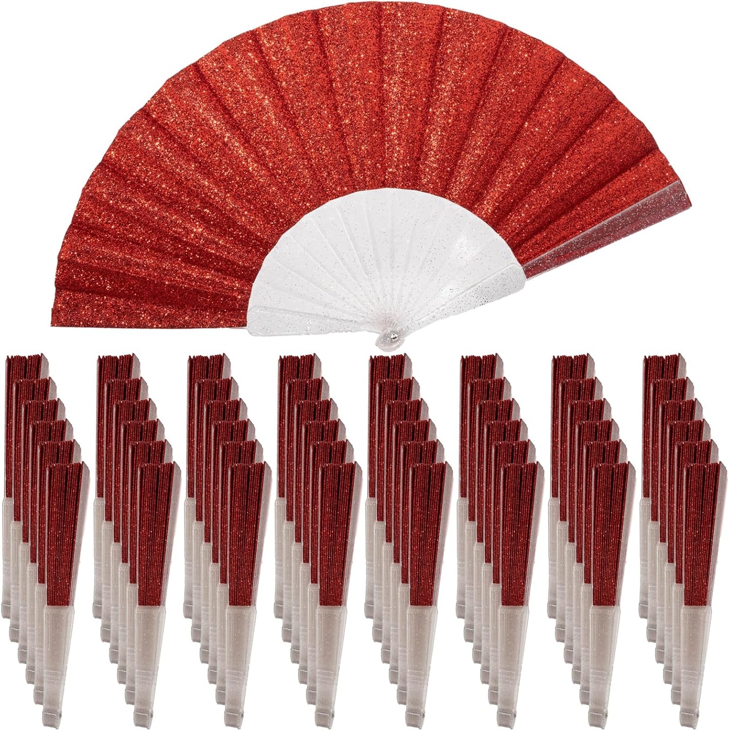 48 Pack Handheld Fan,Folding Hand Glitter fan with Shining Transparent Fan Rib – Ideal for Wedding, Church, Festival, Dance, Tea Party, Club, and EDM Accessories, Red