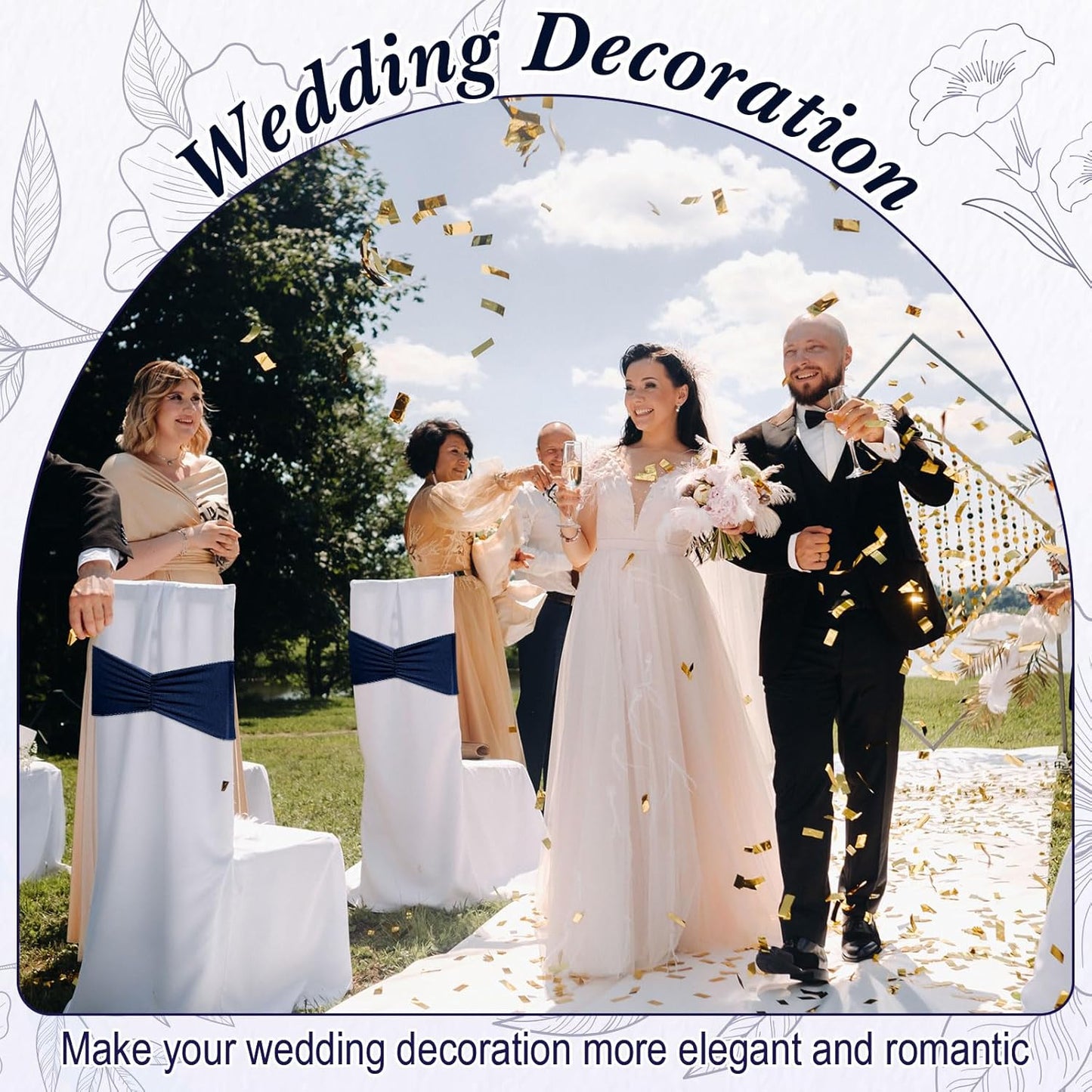 Moukeren 100 Pcs Spandex Chair Sashes Bows Bands Slider Sashes for Chair Covers Elastic Bands Ties Ribbon Decorations for Wedding Party Events Ceremony Birthday Banquet(Navy Blue)