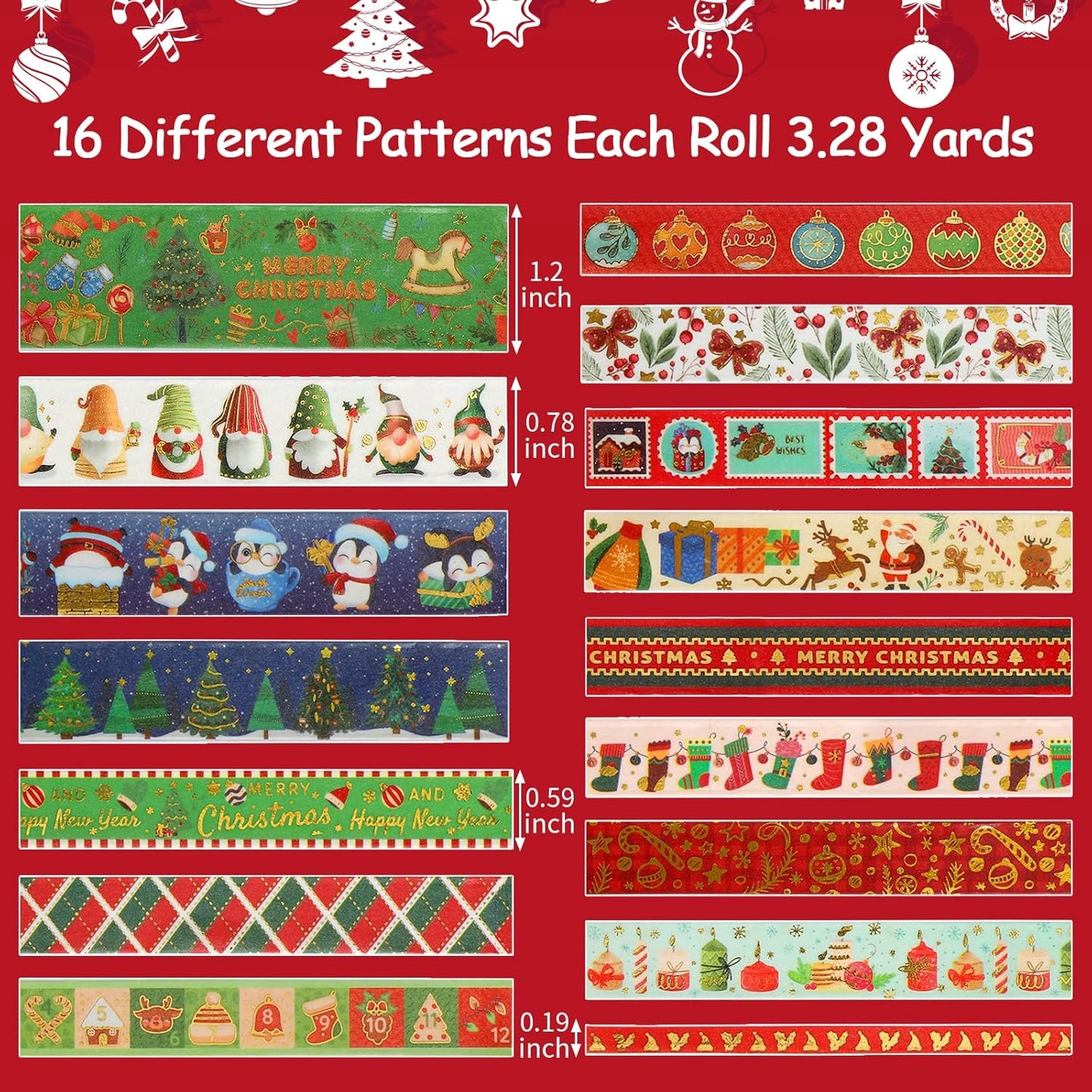16 Rolls Christmas Washi Tape Holiday Masking Tape 4 Sizes Red Green Christmas Wrapping Tape Glod Foil Decorative Tape for Christmas Scrapbook Journal DIY Craft Gift Wrapping（Christmas