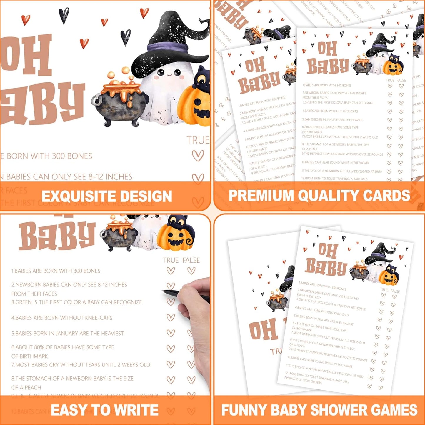 Baby Shower Games, Halloween Oh Baby True or False, 25 Double-Sided Game Cards + 1 Answer Card for Gender Reveal Party Decorations Supplies Announcement - B04