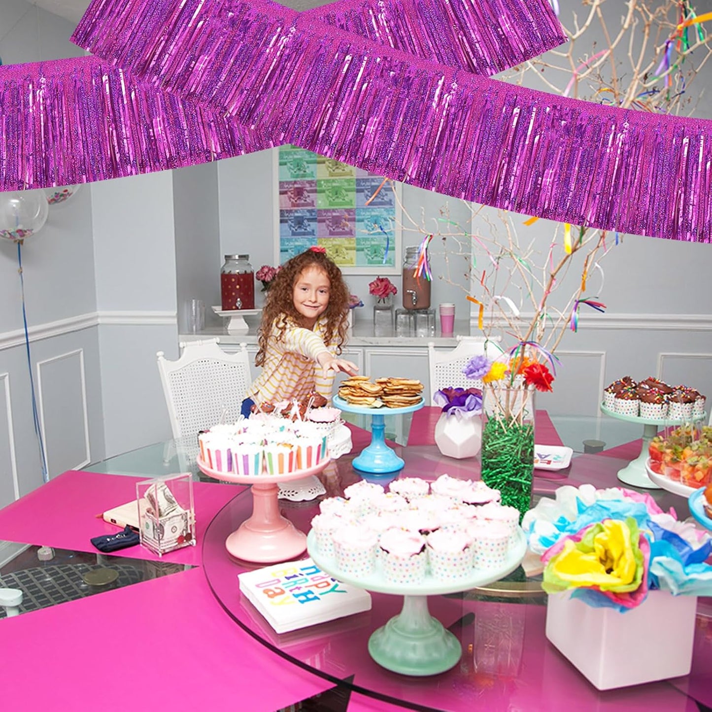 BEISHIDA 3 Packs Metallic Foil Fringe Garland Laser Rose Red Wall Hanging Tinsel Fringe Banners for Car Floats Bridal Shower Wedding Birthday Easter Graduation Holiday Party Decoration(30 Feet)