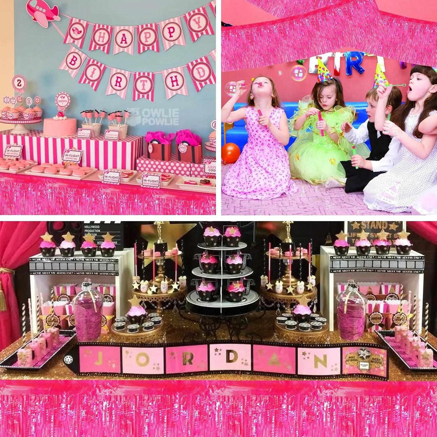 BEISHIDA 3 Packs Metallic Foil Fringe Garland Shining Dark Pink Wall Hanging Tinsel Fringe Banners for Car Floats Bridal Shower Wedding Birthday Easter Graduation Holiday Party Decoration(30 Feet)