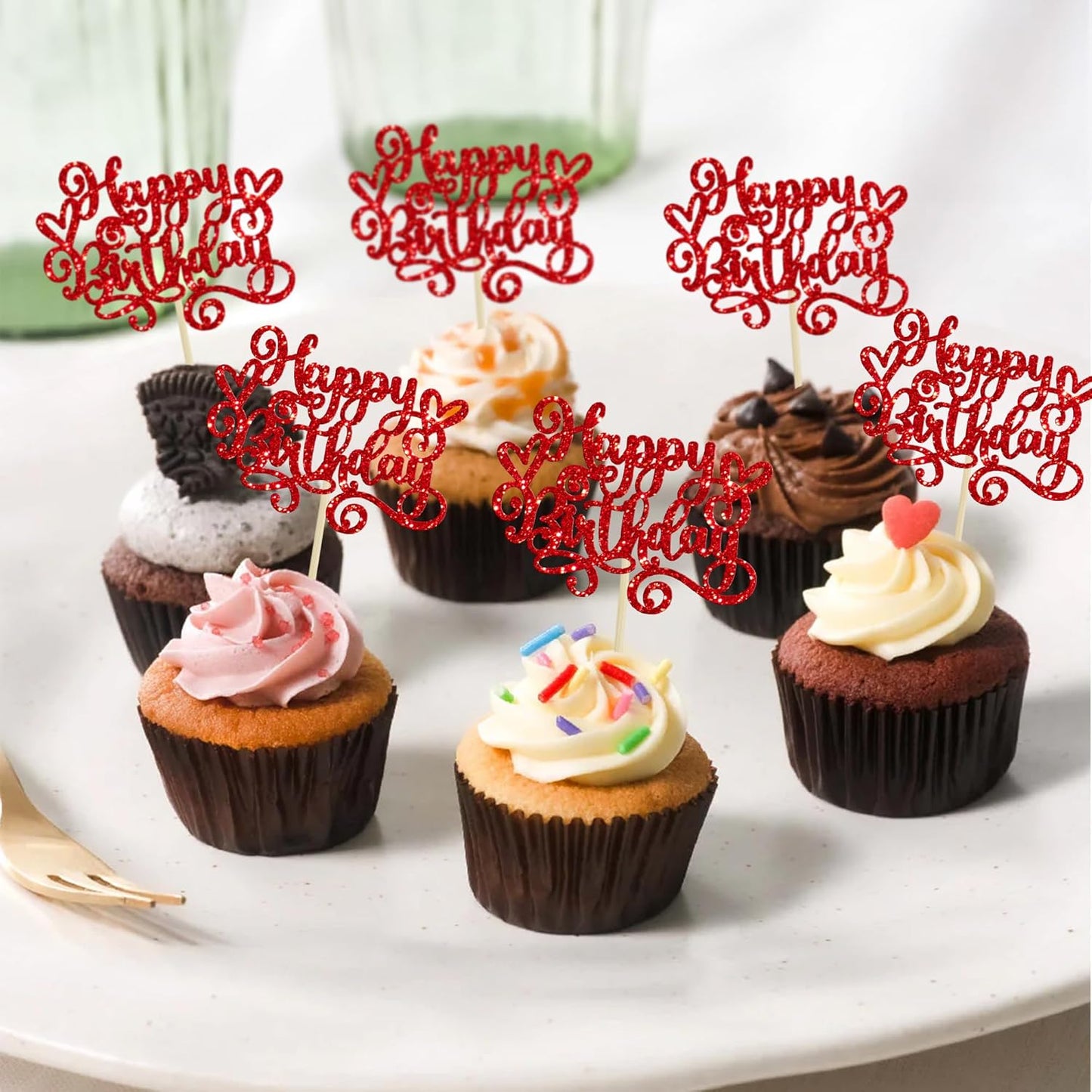 Gyufise 24Pcs Happy Birthday Cupcake Toppers Glitter Happy Birthday Cupcake Picks for Celebrating Happy Birthday Anniversary Theme Party Cake Decorations SuppliesRed