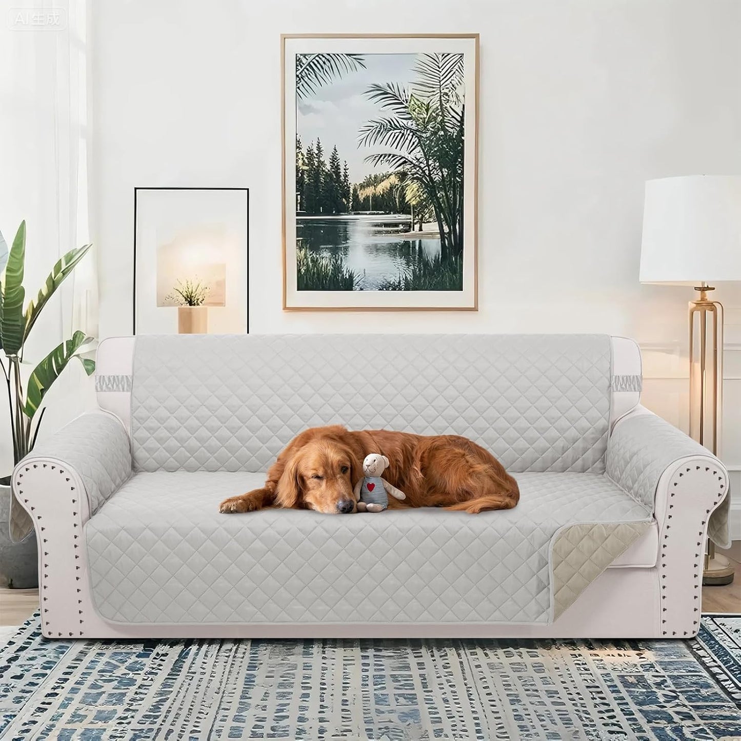 Reversible 4 Seater Sofa Cover 91 Inch Large Couch Cover Furniture Protector(Sofa XX-Large,Light Grey/Beige)