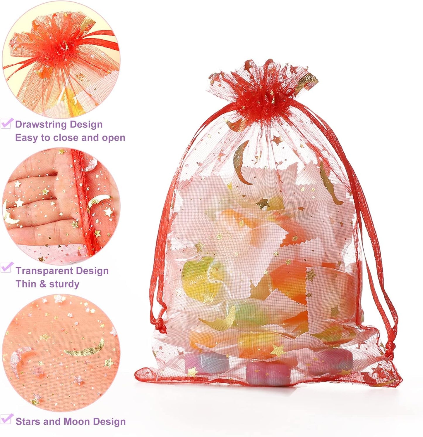 100PCS Moon Star Organza Bags, 4x6" Wedding Favors Bags with Drawstring, Mixed Color Little Mesh Candy Gift Pouches for Party, Jewelry, Christmas, Festival, Eid Mubarak Party Favor Bags