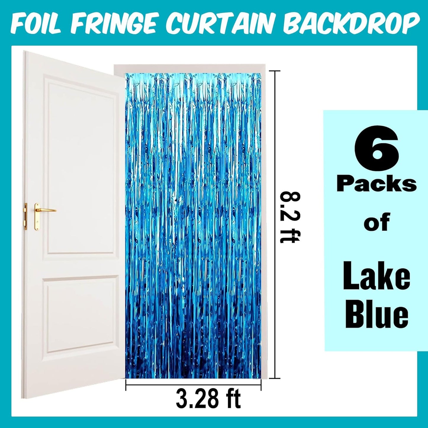 6 Pack Lake Blue Foil Fringe Curtains Backdrop, 3.28 x 8.2 Ft Metallic Streamers Tinsel Curtains Background for Photo Booth, Birthday, Weddings, Carnivals, Graduation, Themed Party Decorations