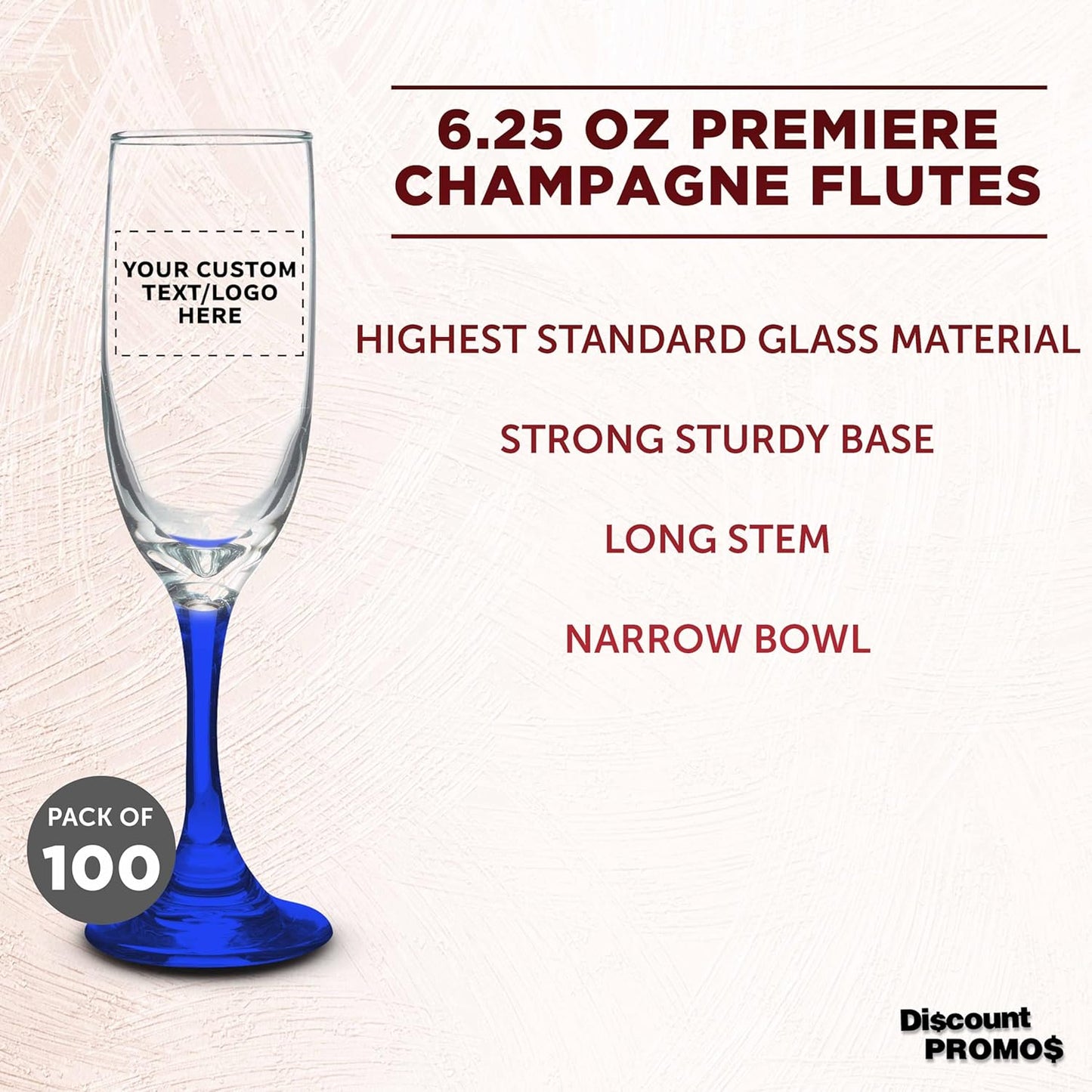 DISCOUNT PROMOS Custom Premiere Champagne Flutes 6.25 oz. Set of 100, Personalized Bulk Pack - Elegant Drinkware for Weddings, Events, & Promotional Gifts - Blue