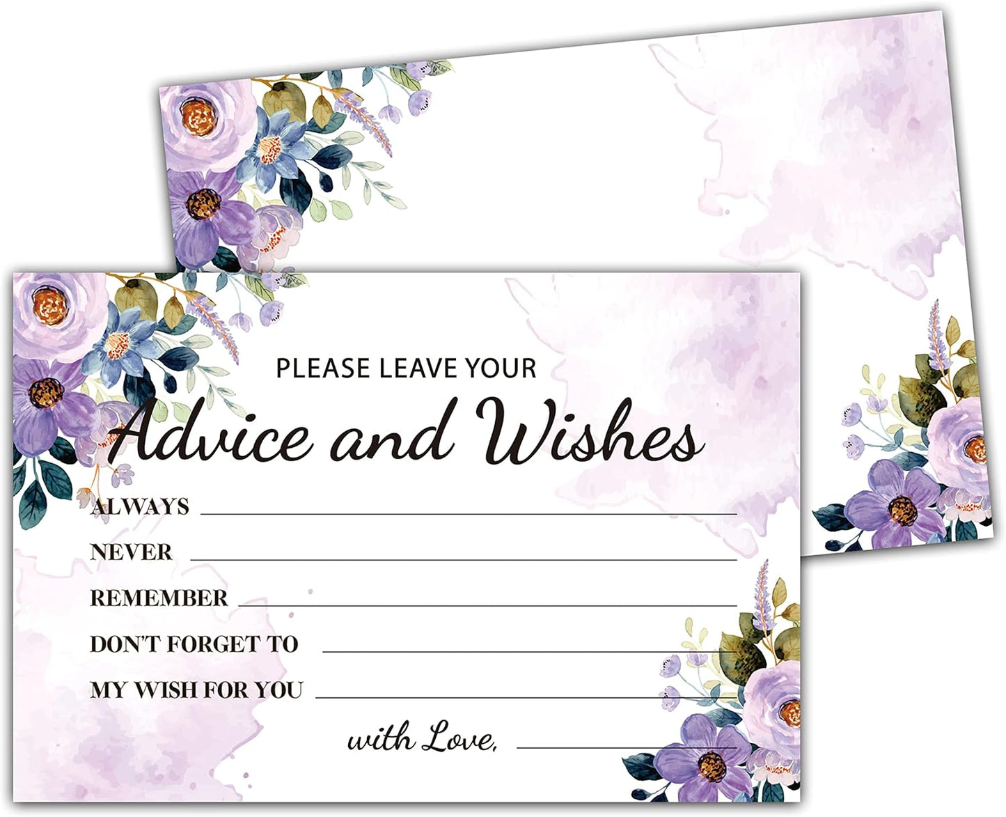 Purple Floral Advice and Wishes Cards, 25 Pcs Watercolor Purple Double Sided Advice Cards for The Bride and Groom, Mr and Mrs, Bride Shower, Wedding Reception, Engagement Party(08)