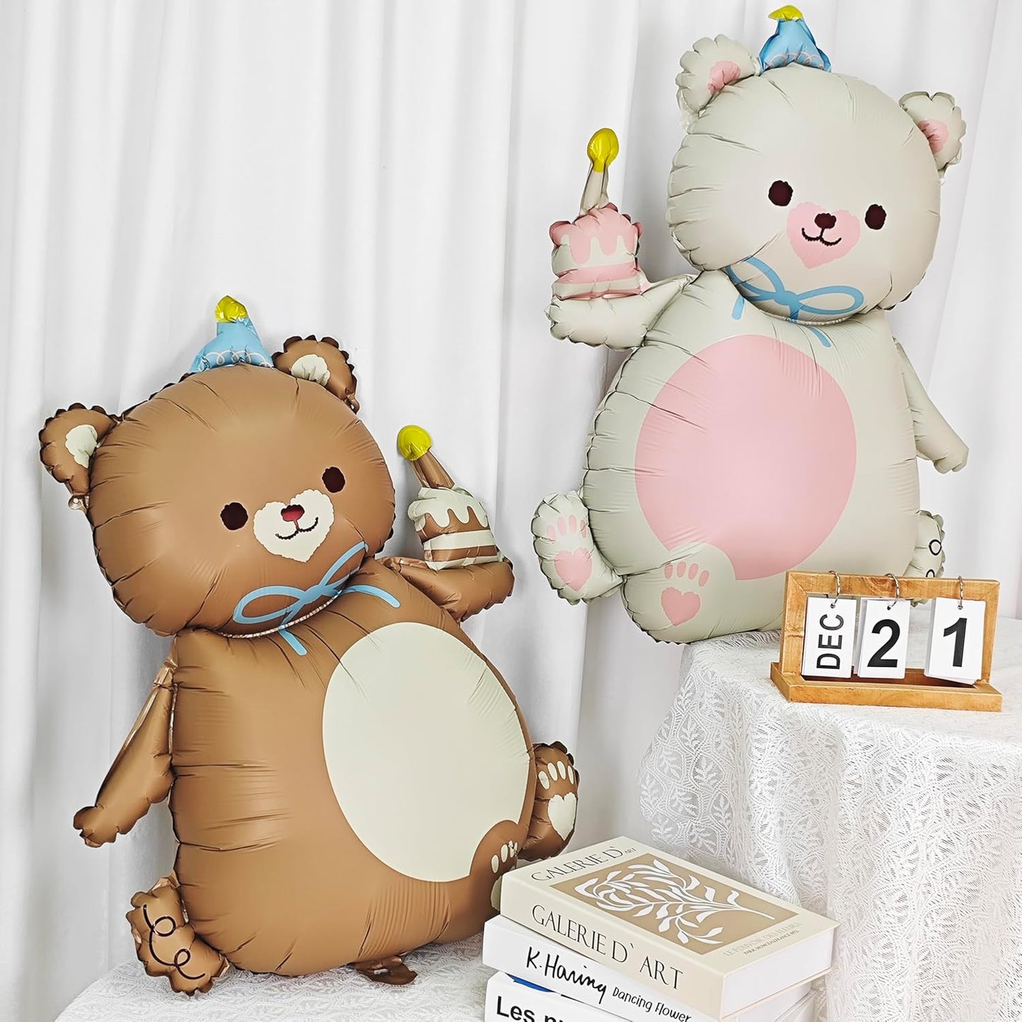 2PCS Matte bear Animal balloon With hat Big Brown bear balloon Holding birthday candle cake bear Foil Balloon for Kids Jungle Safari Zoo Farm Birthday Theme Party Baby Shower Decoration Cream white