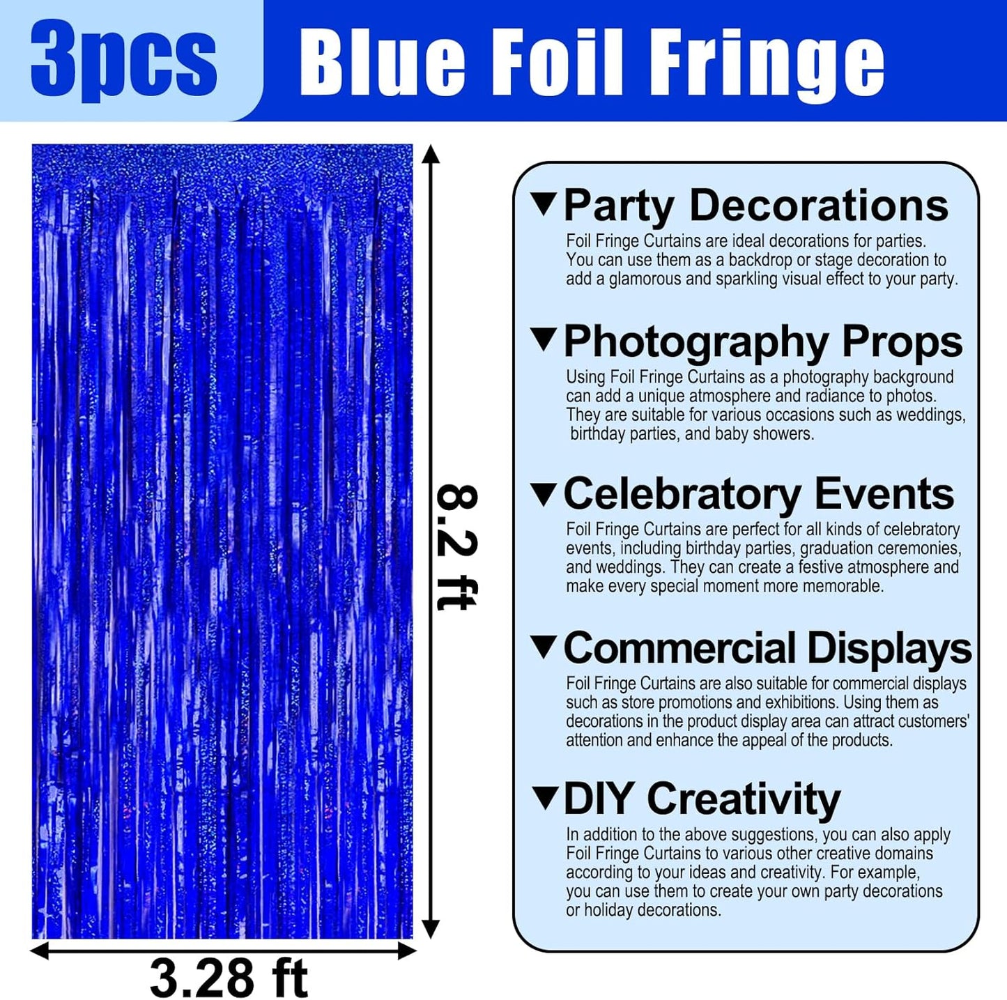 3 Pack Blue Foil Fringe Curtain Backdrop, 3.28Ft x 8.2Ft Metallic Tinsel Foil Fringe Streamer Curtains for Photo Booth, Mother's Day, Easter, Birthday, Wedding Party Decorations