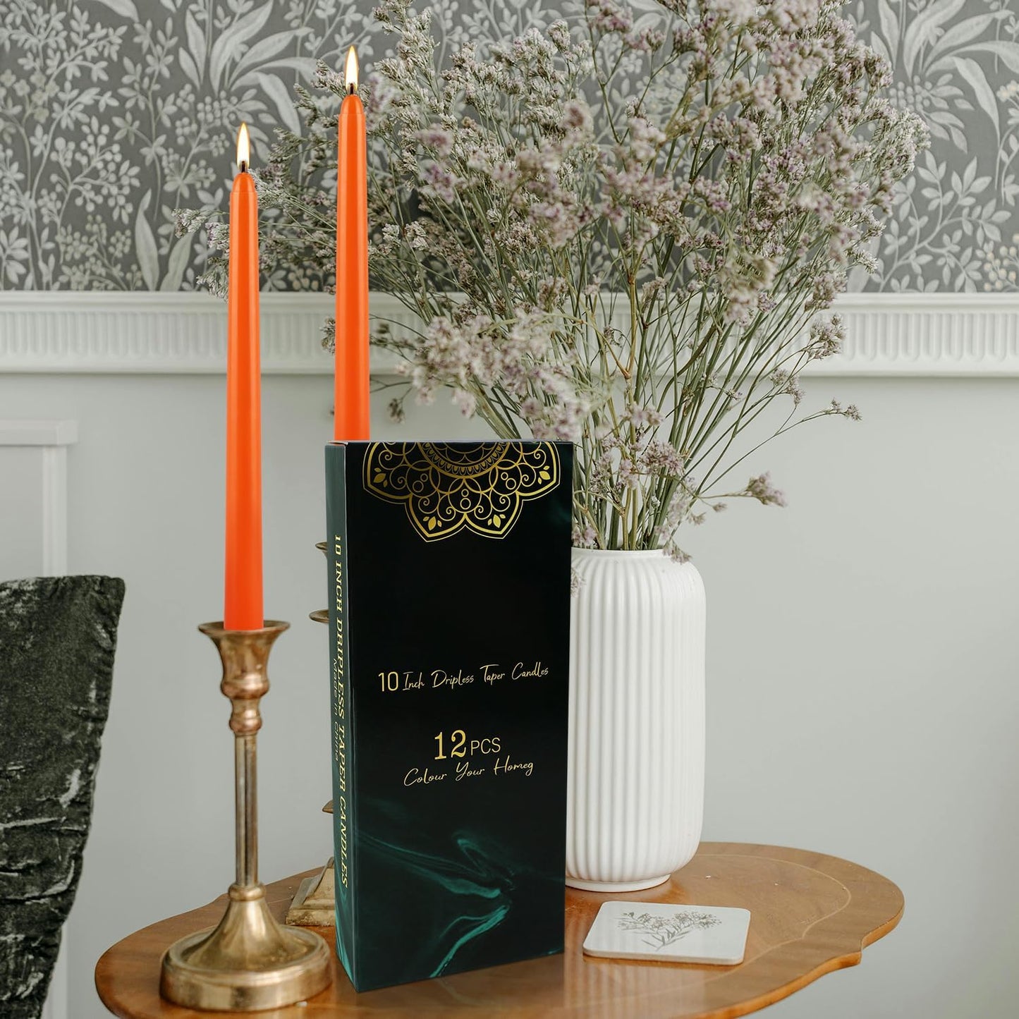 10 Inch Orange Slender Taper Candles Set - 12 Pcs Dripless, Smokeless with Cotton Wick, Ideal for Halloween,Thanksgiving,Dinner, Weddings & Home Decor.