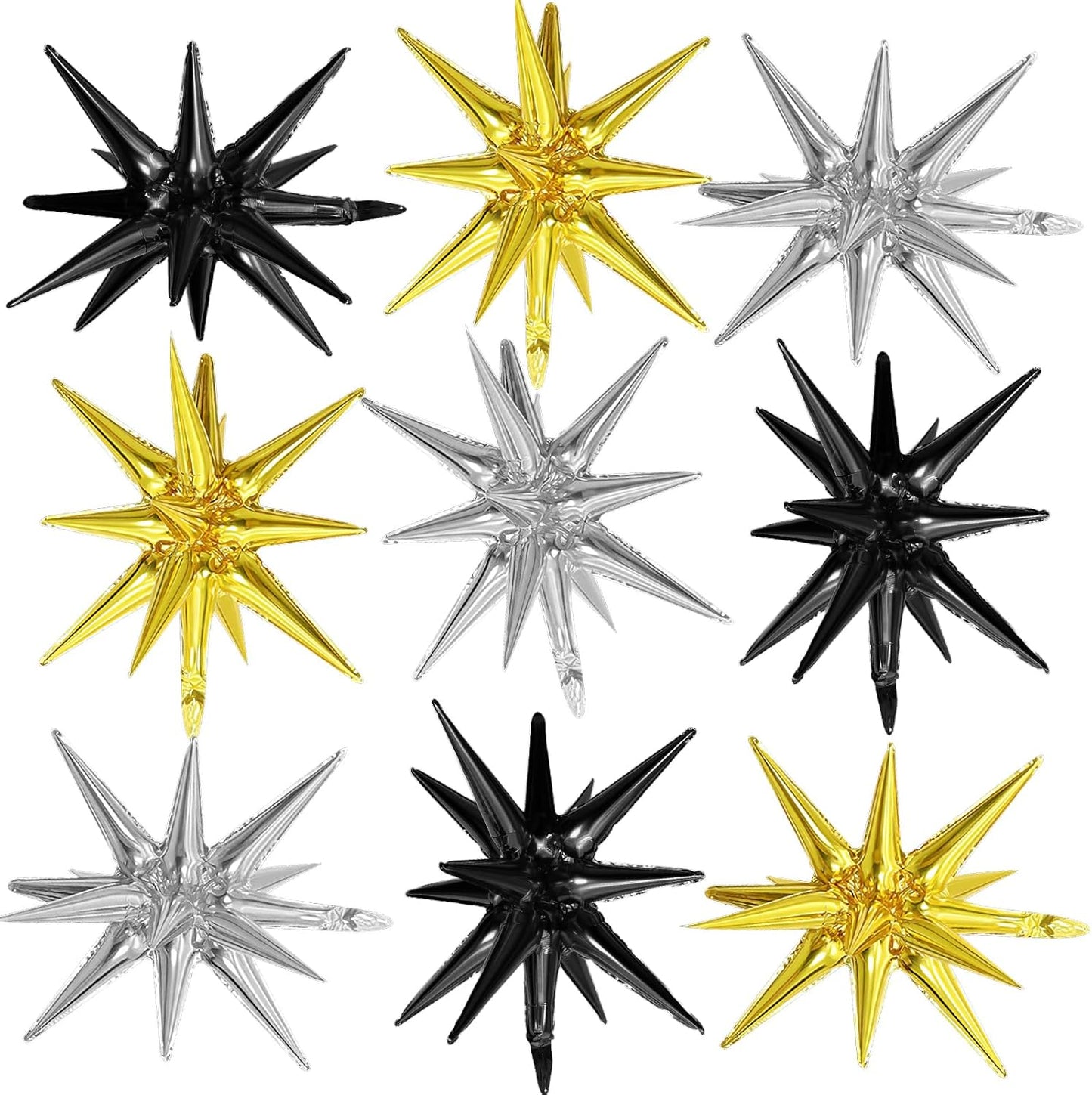 Black Gold Silver Star Balloons,9Pcs 22Inch Black Silver Gold Explosion Spike Cone Helium Polyester Film Star Foil Balloons for Birthday Anniversary Baby Shower Disco Party Decorations