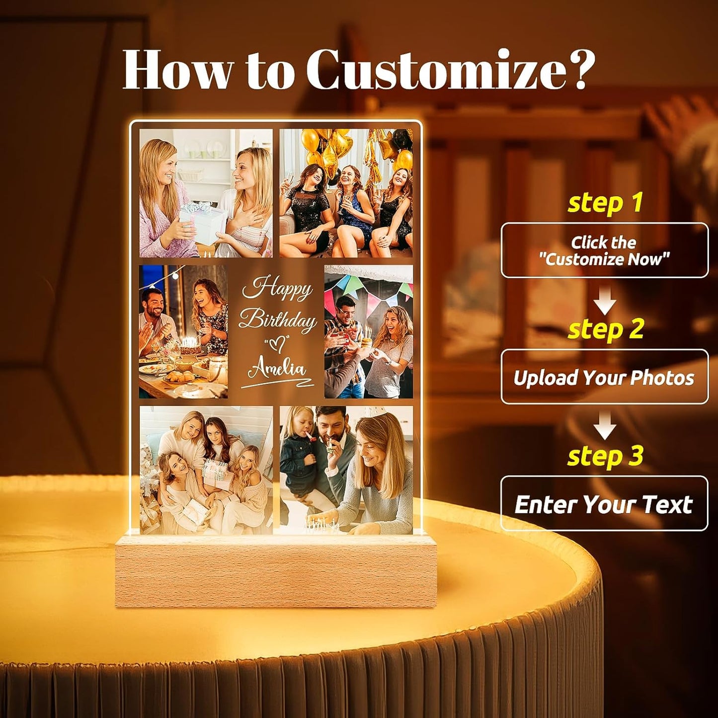 Custom Picture Frames with Photo, Personalized Collage Picture Frame with Night Light, Custom Photo Frame, Customized Best Friend Photo Gifts, Personalized Birthday Gifts for Women Friends Her Him