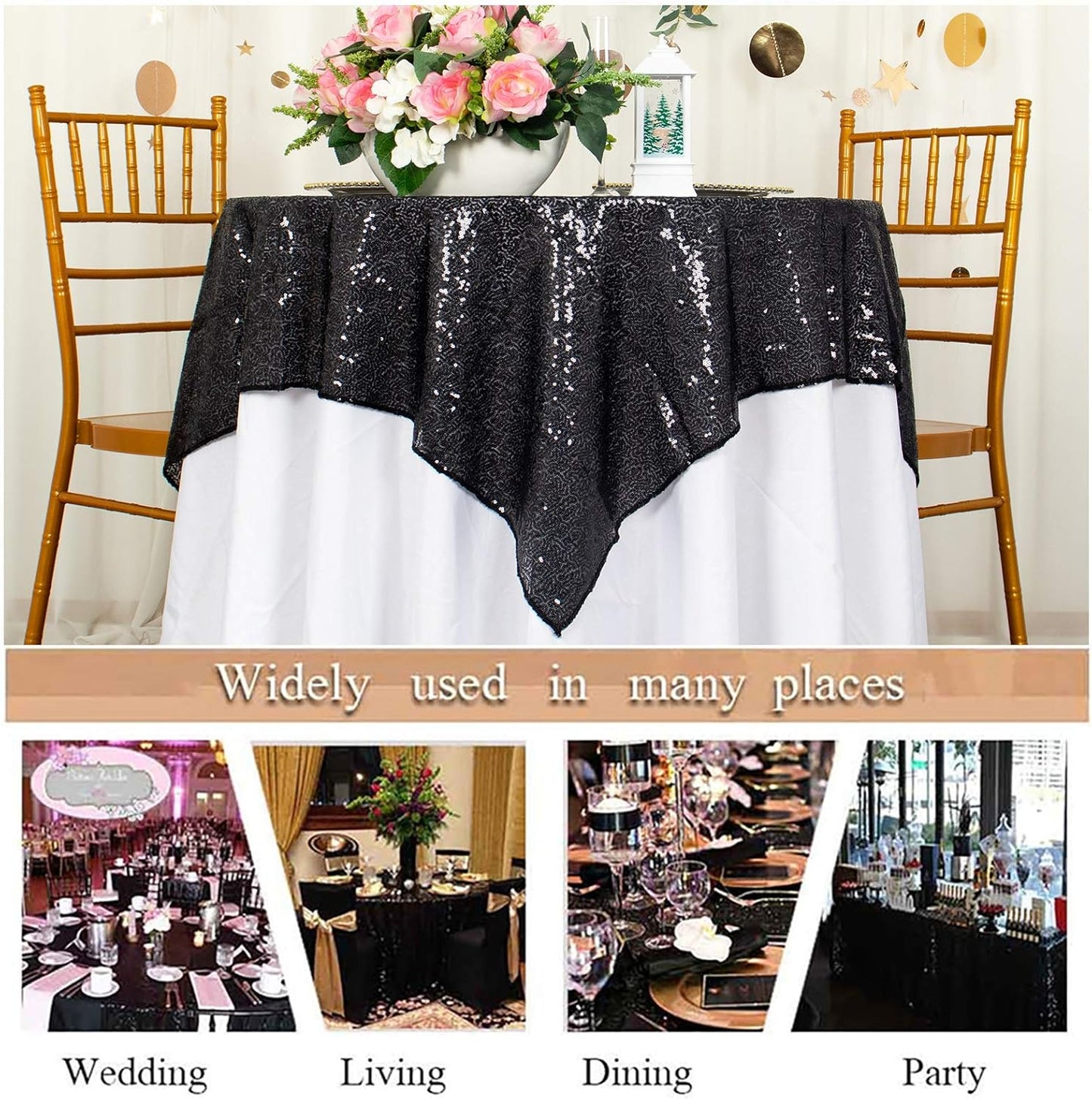 ShinyBeauty Sequin Tablecloth Square Black 54''x54'' - Glitter Table Overlay for Dinning, Party, Event Decoration - Birthday Table Cloth
