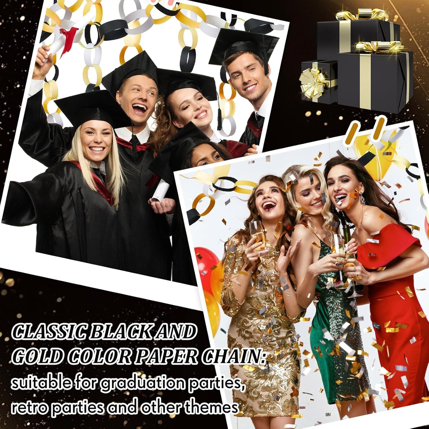 Lincia 600 Sheet Halloween Paper Chain Garland, Construction DIY Crafts Chain Strip for Fall Thanksgiving Party Decor, 1x8 Inch with Double Sided Tape (Black Gold)