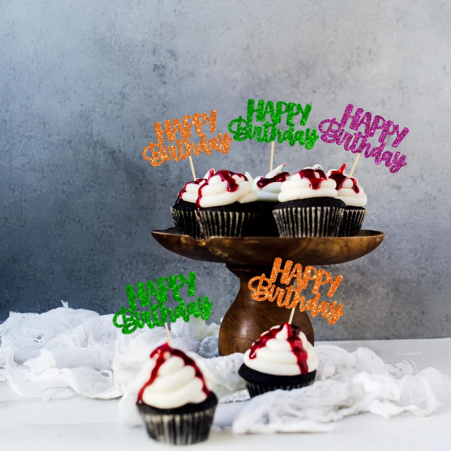 Gyufise 24Pcs Happy Birthday Cupcake Toppers Glitter Birthday Cupcake Food Picks for Celebrating Happy Halloween Theme Party Cake Decorations Supplies Orange Green Purple