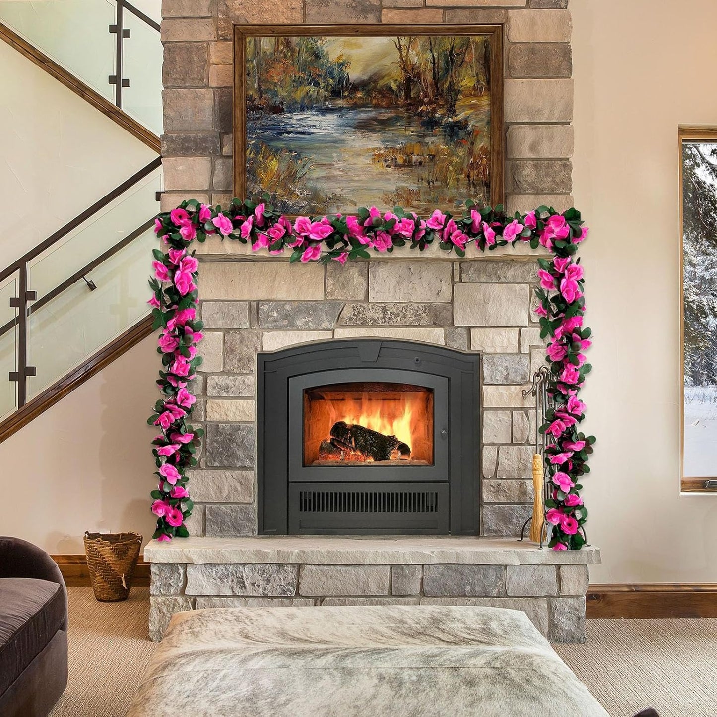 16Pcs 126Ft Fuchsia Rose Garland, Fake Rose Hanging Flowers, Artificial Flower Vine, Hanging Floral Vine Garland for Wedding, Birthday Party, Wall Arch, Halloween, Christmas Garden Backdrop Decor