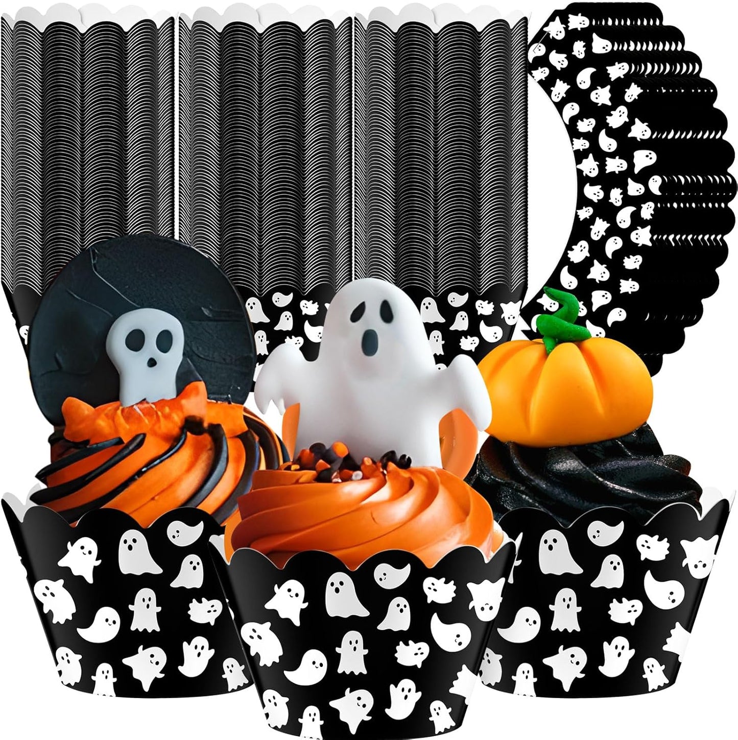Domensi 100 Pcs Halloween Ghost Cupcake Wrappers Cupcake Liners Ghost Baking Cups Baking Liners for Wedding Bridal Baby Shower Birthday Halloween Party Supplies Dessert Decoration