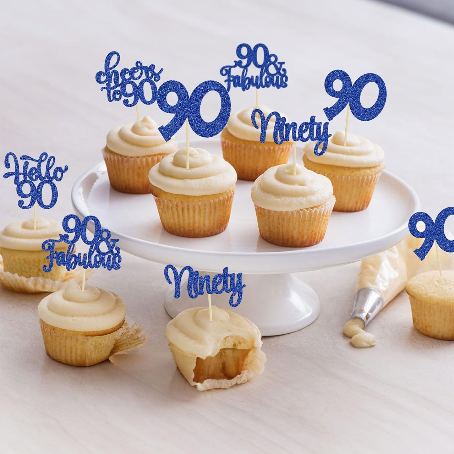 30pcs Happy 90th Birthday Cupcake Toppers - Deep Blue Glitter Ninety Cheers to 90 Years Old Cupcake Picks for Anniversary Party Cake Decorations