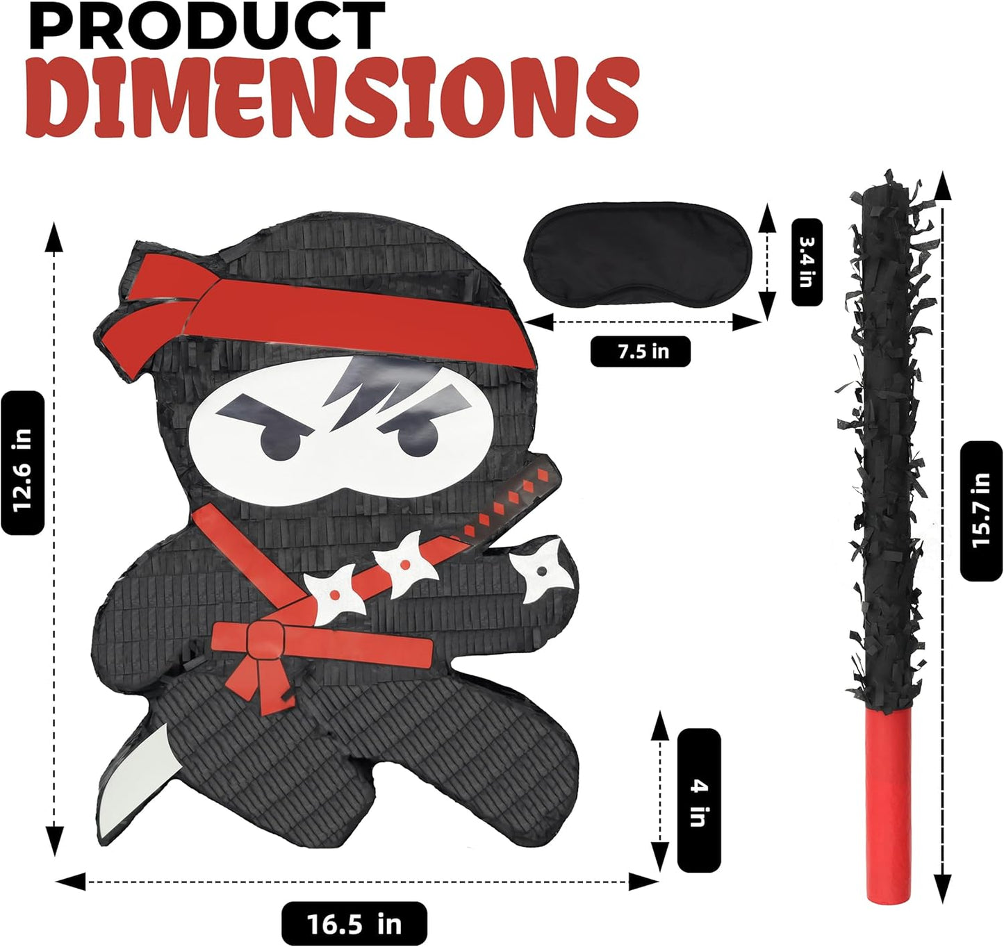 Ninja Pinatas Bundle with a Blindfold and Bat (16.5x12.6x4 Inches), Perfect for Birthday Parties, Theme Parties for boys, Decorations