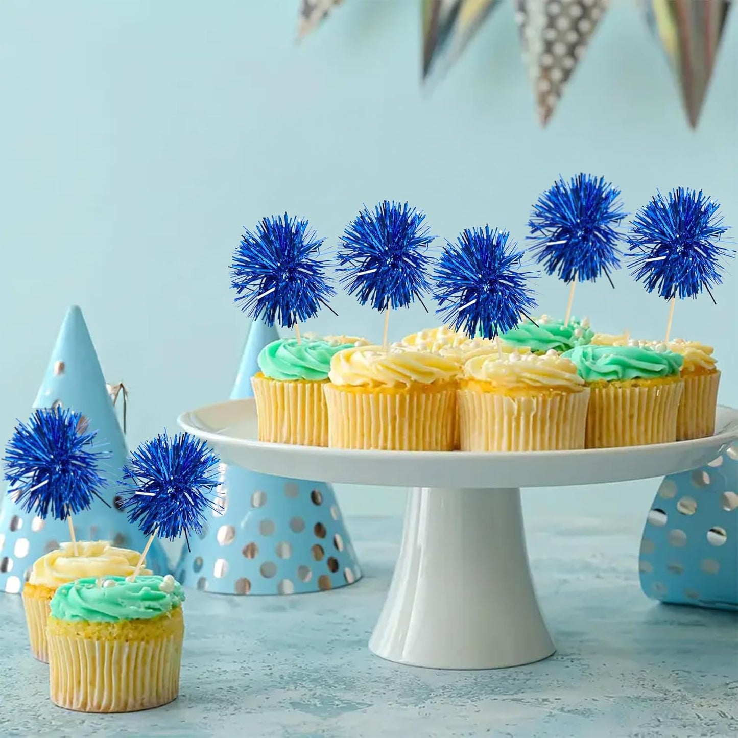 Ephlyn 30Pcs Foil Firework Cupcake Toppers Sparkles Fireworks Sticks Birthday Decorations Sparkle Tinsel Cocktail Fruit Toothpick for Birthday Wedding Graduation Party Cake Decorations Blue