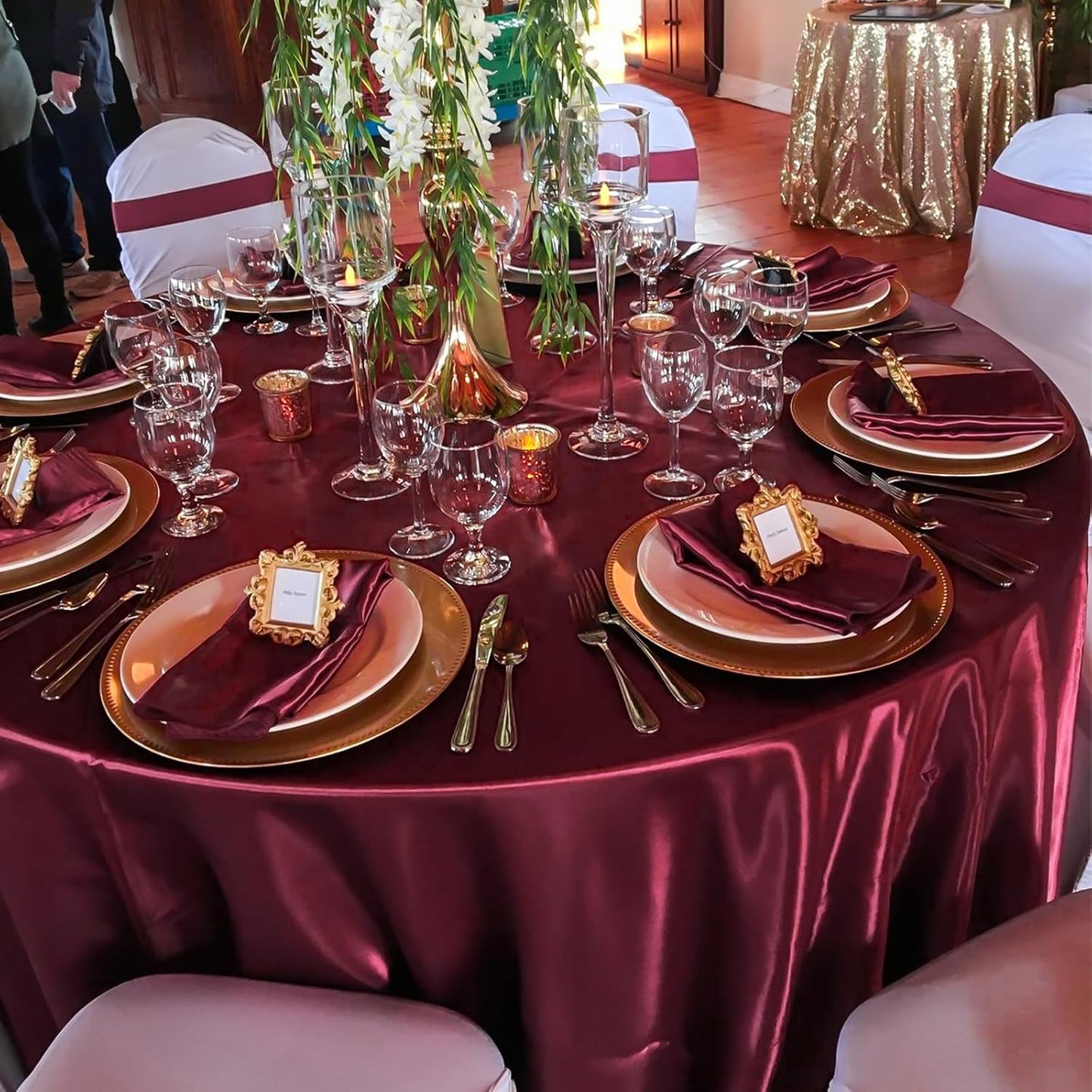 12 Pack 108 Inch Burgundy Satin Tablecloth - Silky Round Tablecloth Overlay Smooth Fabric Table Cover, Bright Table Decoration for Wedding Party Banquet Events Restaurant Kitchen Dining