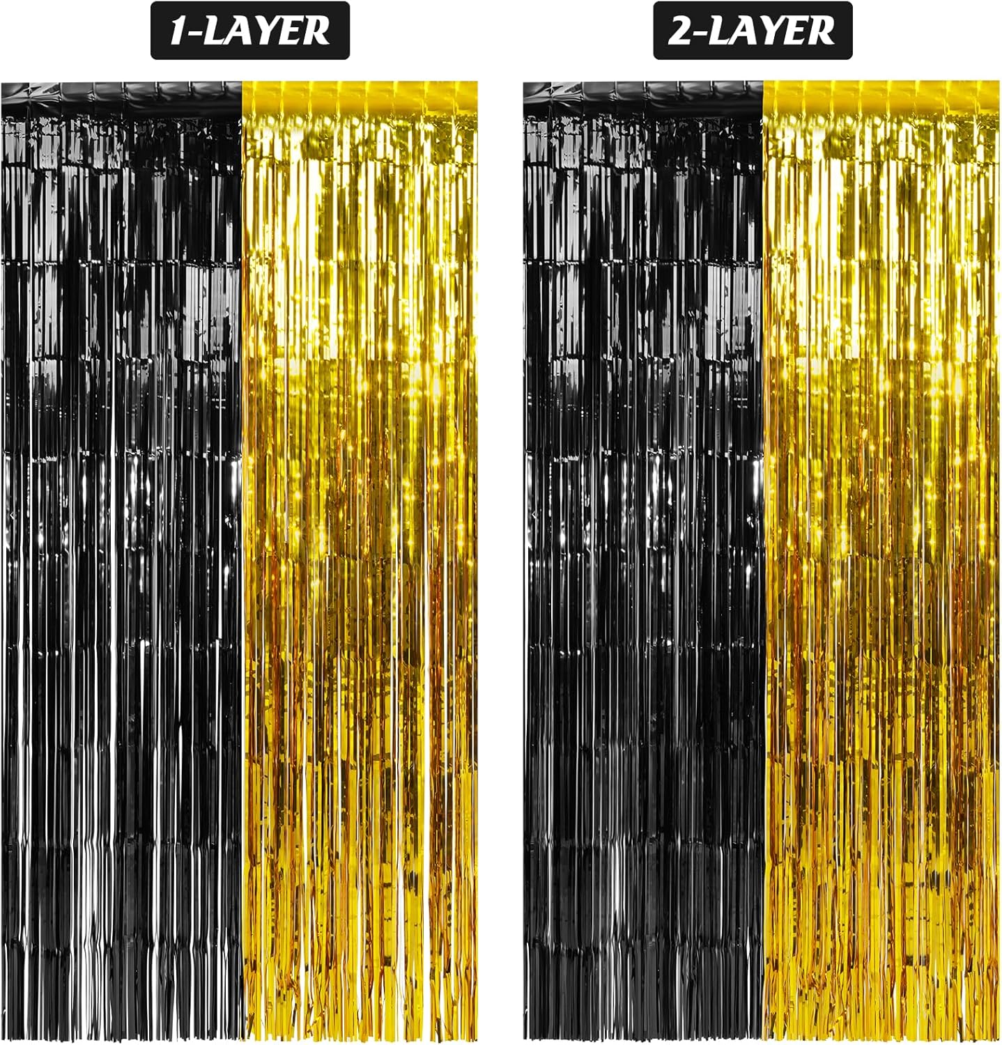 3Pack 3.3Ft x 6.6Ft Graduation Foil Fringe Curtain Backdrop Decorations, Black Gold Metallic Tinsel Foil Streamers Curtain Photo Booth Background for Graduation Prom Wedding Birthday Party Decorations