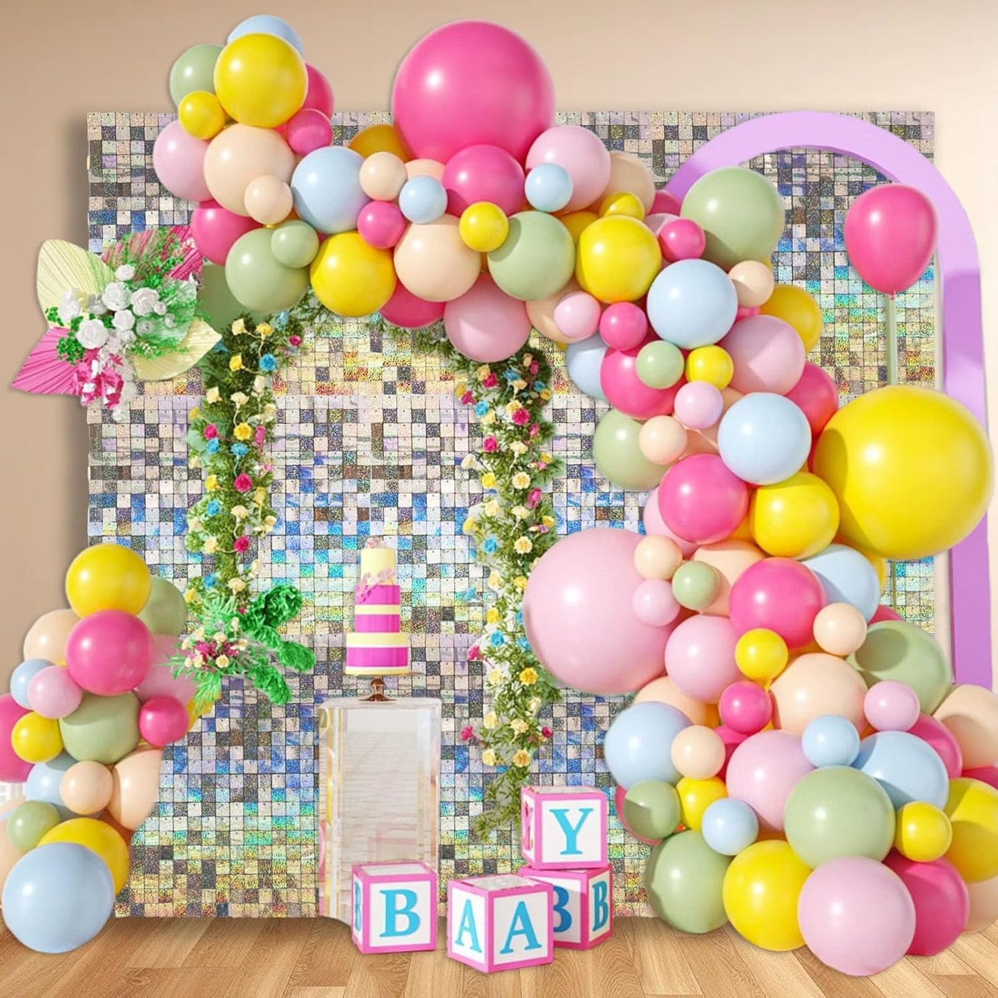 24PCS Silver Shimmer Wall Backdrop, Laser Square Sequin Photo Backdrops Panel, Glitter Wall Background for Birthdays, Weddings, Christmas, Engagements, Disco Bachelorette Party Decoration (4FTx6FT)