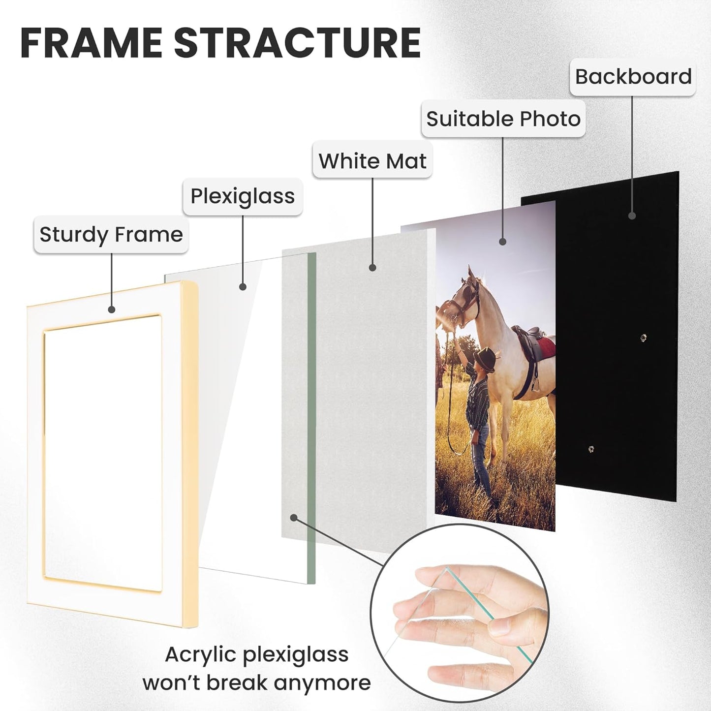 Fun Memories 4x6 Picture Frame - 1pcs White Enamel Glass Photo Frame with Gold Metal Edge & Easel for Display Picture Frame on Countertops, Tabletops, Bookshelves, Desks, Walls (White/Gold)