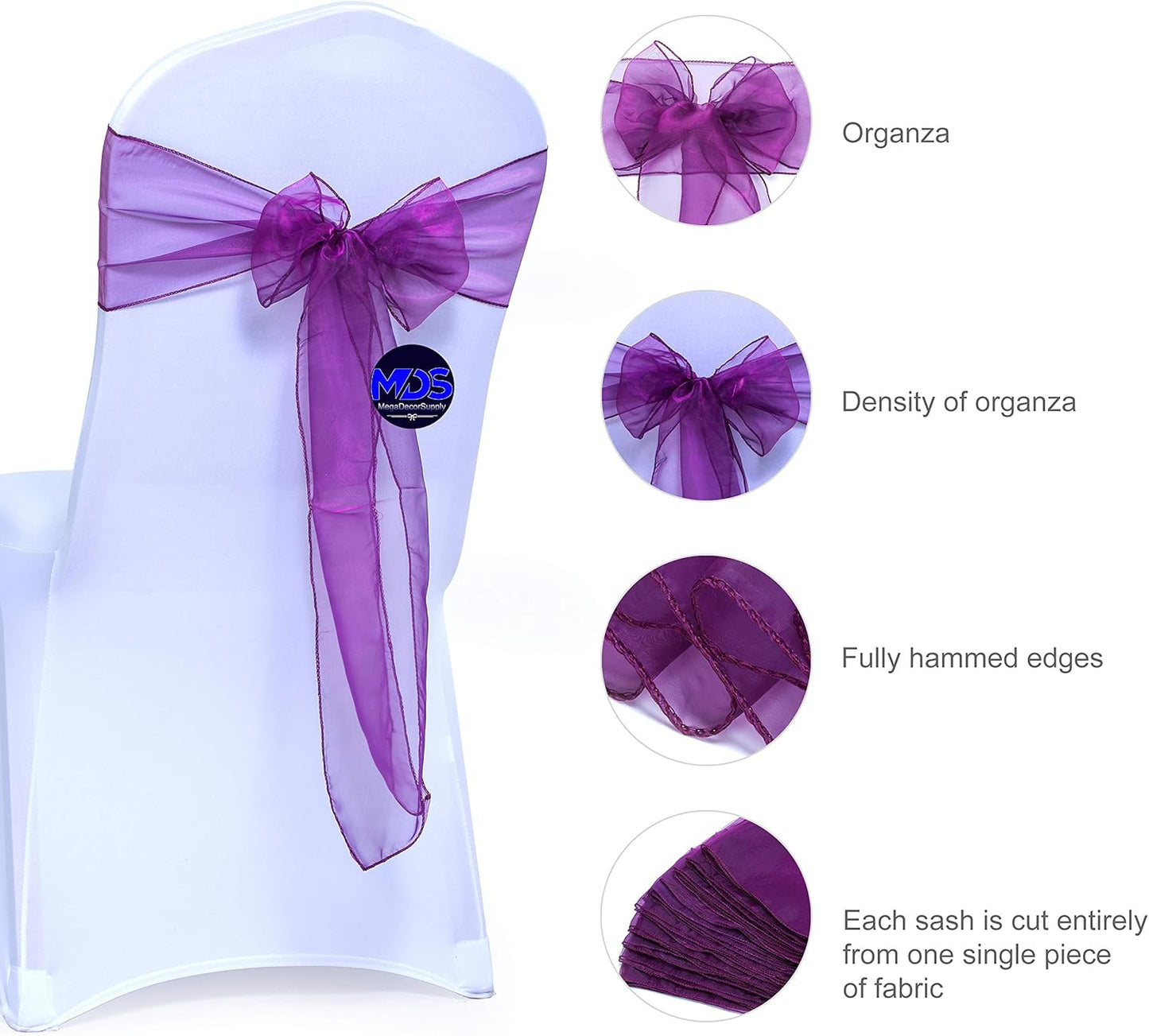 MDS Pack of 50 PCS Organza Chair Sashes Wider Dining Chair Bows Ribbon Tie Back for Wedding Party Birthday Bridal Shower Reception Event Banquet Home Chair Cover Decoration - Dark Purple