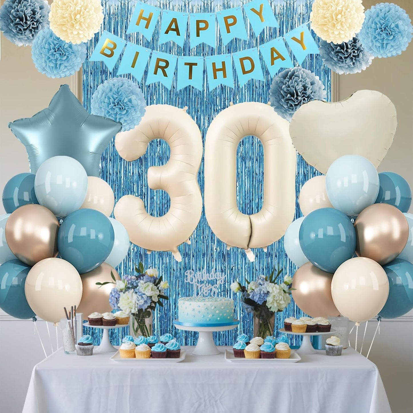 Dusty Blue 30th Birthday Party Decorations for Her Him Beige Cream Number 30 Balloon with Blue Gold Happy Birthday Banner Fringe Curtain Paper Pom Poms Nude White Sand Champagne Star Foil Balloons