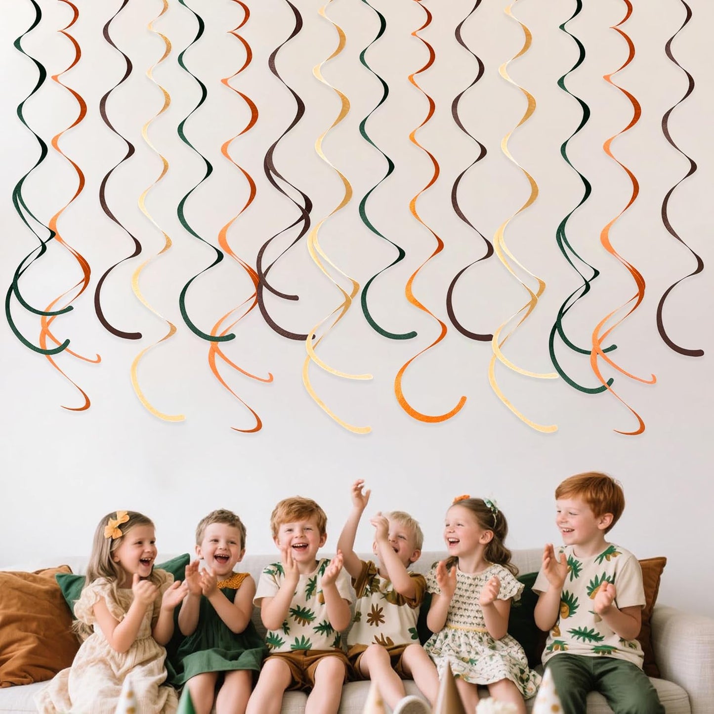 36 Pcs Green Brown Orange Beige Hanging Swirl Decorations Felt Swirl Streamer Spiral Ceiling Garland for Woodland Safari Jungle Wild One Birthday Neutral Baby Shower Party Decorations Supplies