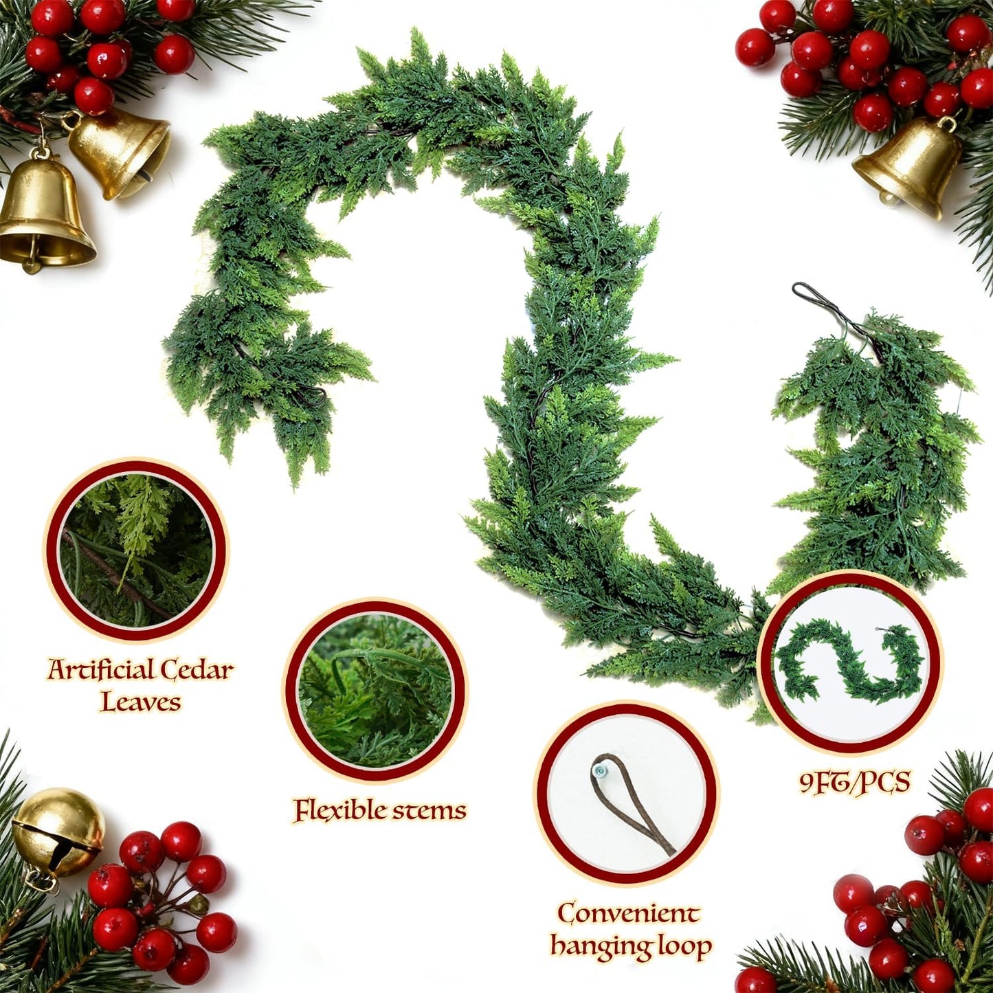 9ft Christmas Cedar Garland Artificial Realistic, Real Touch Greenery Garlands for Decoration, 2025 New Pine Garland for Mantle Table Fireplace Stairs Outdoor Indoor Christmas Decorations