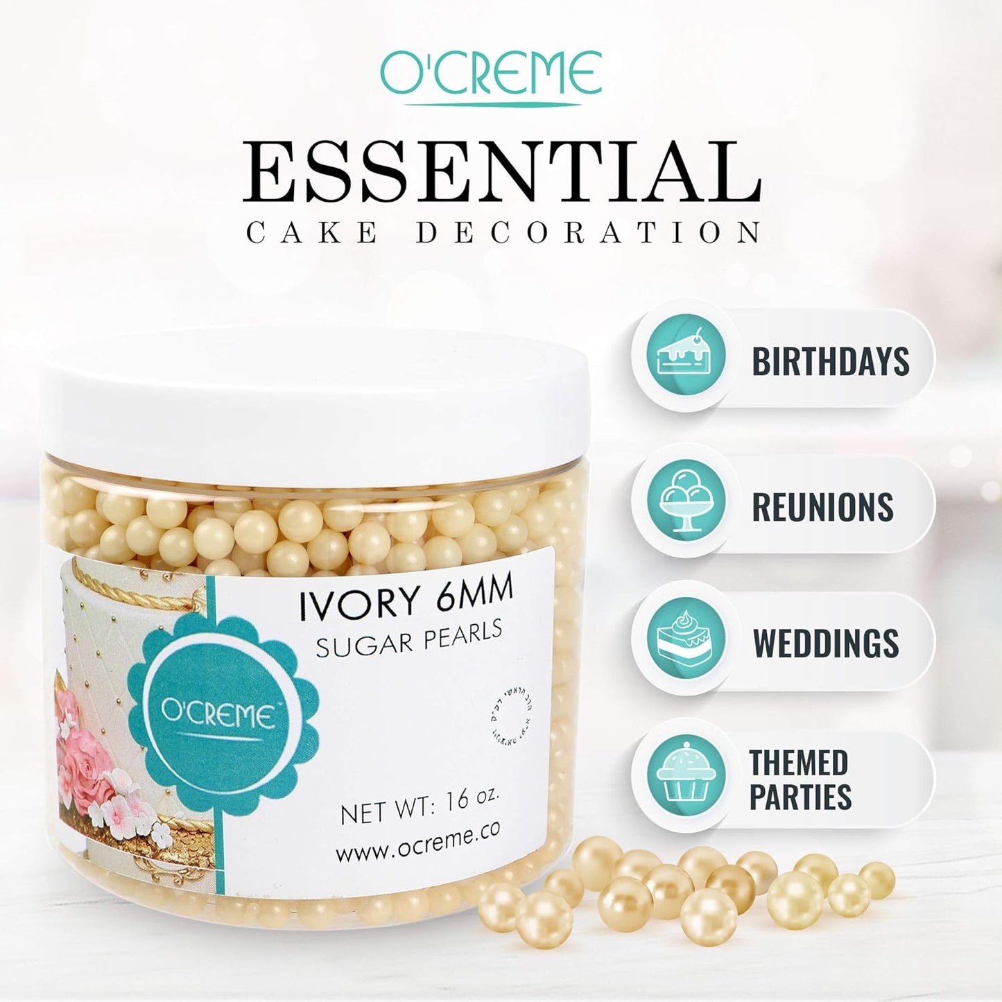 O'Creme Ivory Edible Sugar Pearls Cake Decorating Supplies for Bakers: Cookie, Cupcake & Icing Toppings, Beads Sprinkles For Baking, Certified, Candy Sugar Ball Accents (4mm, 8 Oz)