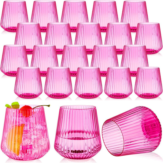 Suclain 50 Pcs Plastic Wine Glasses Ribbed Stemless Wine Glasses 14oz Vertical Design Unbreakable Cups for Outdoor Indoor Vintage Elegant Champagne Whiskey Cups for Party Wedding (Hot Pink)