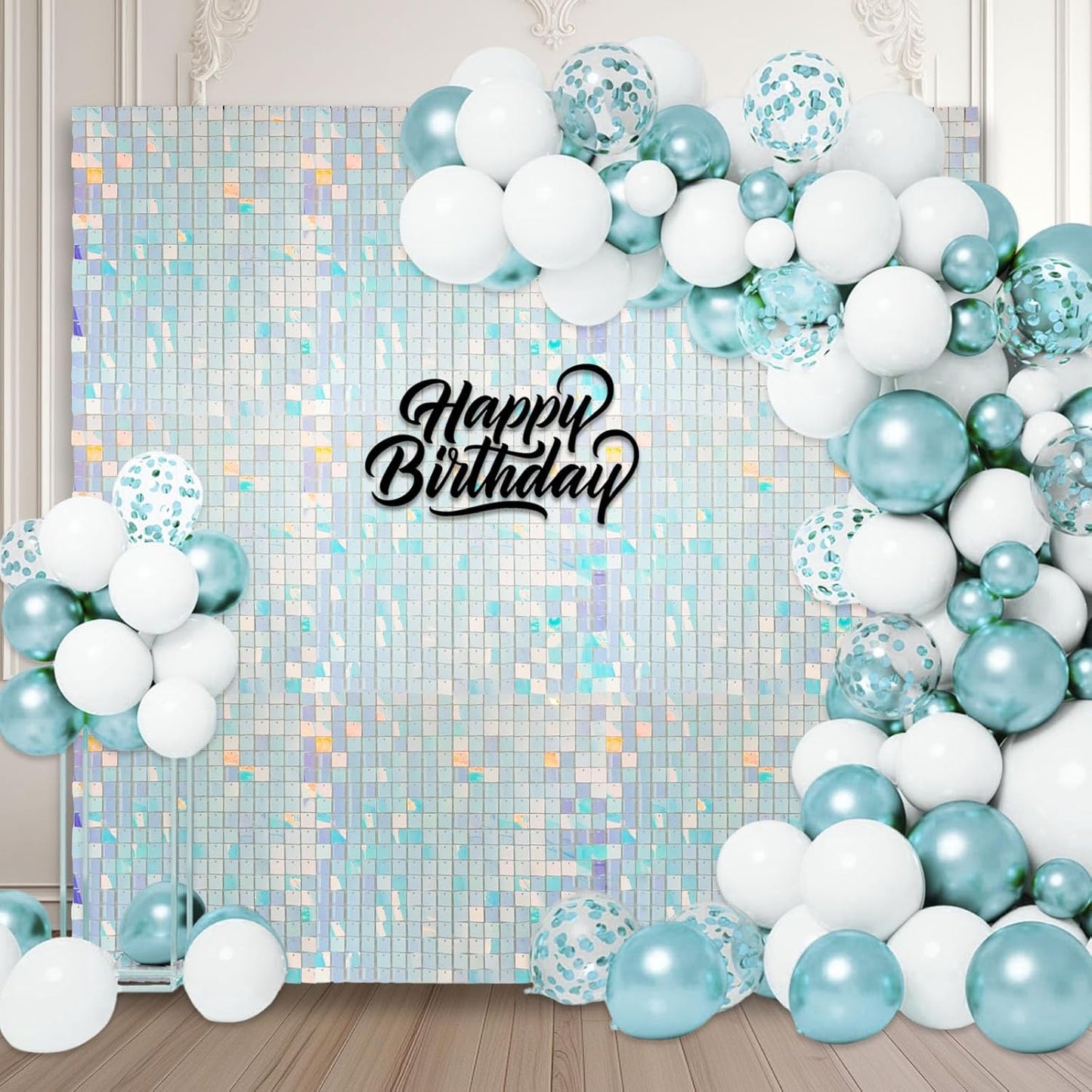24PCS Colorful Blue Shimmer Wall Backdrop, Square Sequin Backdrops Panel, Glitter Wall Background for Birthdays, Weddings, Graduation, Engagements, Disco Bachelorette Party Decoration (4FTx6FT)