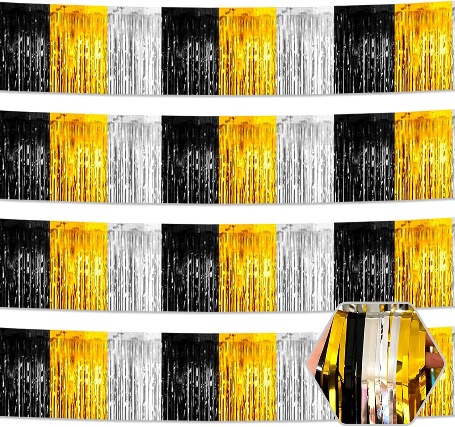 4 Pack 10 Feet Black Gold Silver Foil Fringe Garland Metallic Tinsel Streamers Banner Wall Hanging Curtain Backdrop for Parade Floats, Wedding, Graduate, Mother's Day, Birthday Party Decoration