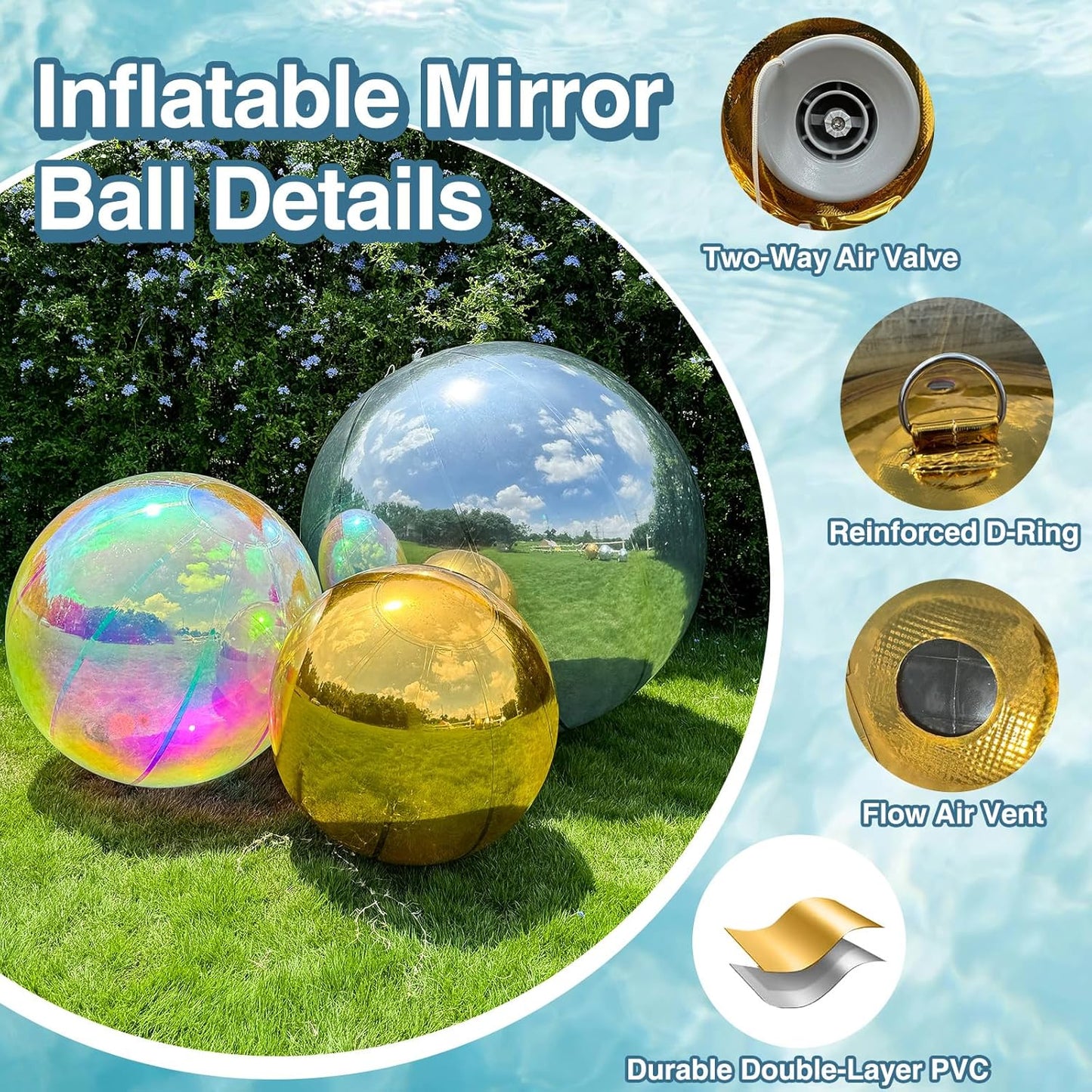 3PCS Silver Inflatable Mirror Ball, Big Shinny Balls Reusable Large PVC Disco Ball Balloon for Large Event Decoration, Party, Concerts, Stage, Wedding Decor, Without Air Pump