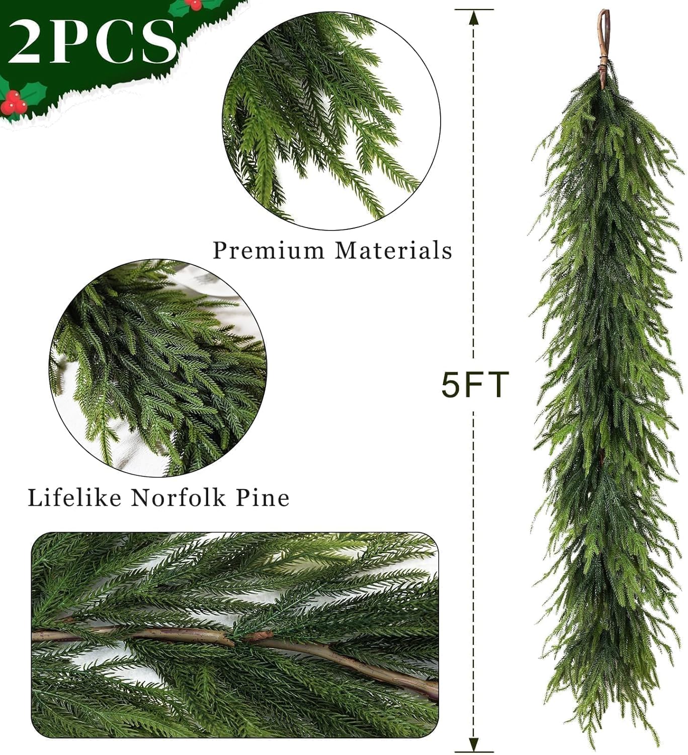 5FT Christmas Artificial Norfolk Pine Garland for Fireplace - Realistic Faux Greenery Fake Garland for Holiday,Table, Window,Mantel,Stairs, Home,Indoor Outdoor Decor (2PCS)