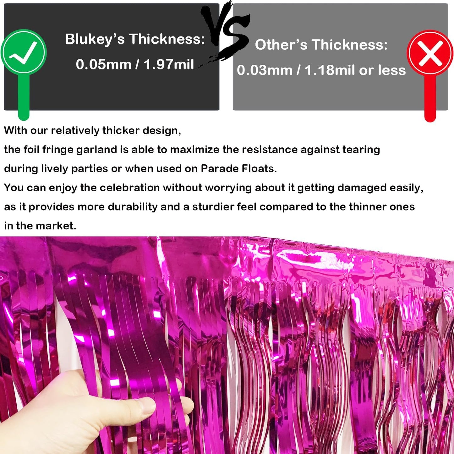 Thick 10 feet by 15 inches Fuchsia Foil Fringe Garland - Pack of 3 | Shiny Metallic Tassle Banner for Car Parade Floats, Wedding, Birthday | Wall Hanging Fringe Garland Banner (Fuchsia)