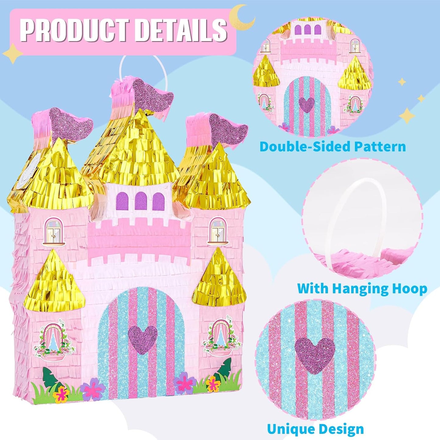 WERNNSAI Princess Castle Piñata - Princess Birthday Party Decorations Pink Princess Piñata with Blindfold and Bat for Birthday Girls Family Game Princess Theme Birthday Party Supplies 16.4” x 12.4”