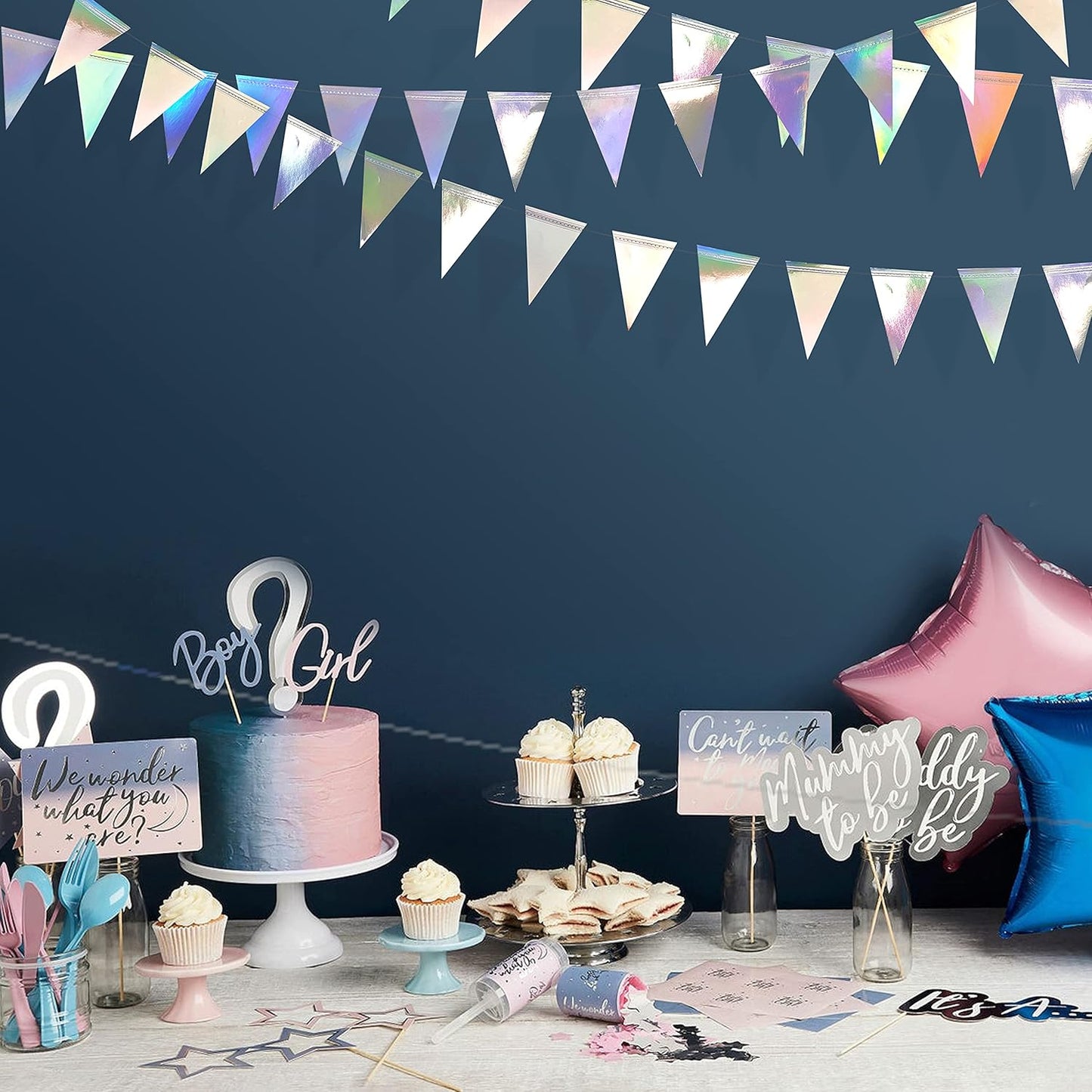 40Ft Iridescent Party Decorations Holographic Hanging Triangle Pennant Banner Flag Bunting Garland for Graduation Birthday Anniversary Engagement Wedding Bridal Baby Shower Disco Hen Party Supplies