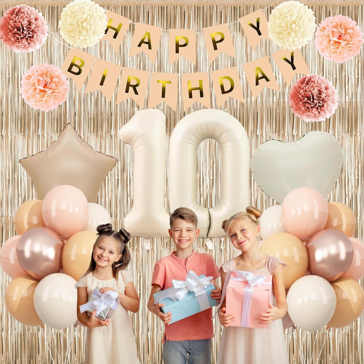Beige 10th Birthday Decorations Girls Boys Cream Number 10 Balloon Nude Gold Happy Birthday Banner Fringe Curtain Paper Pom Poms Blush White Sand Champagne Star Foil Balloons Neutral Boho Party Decor