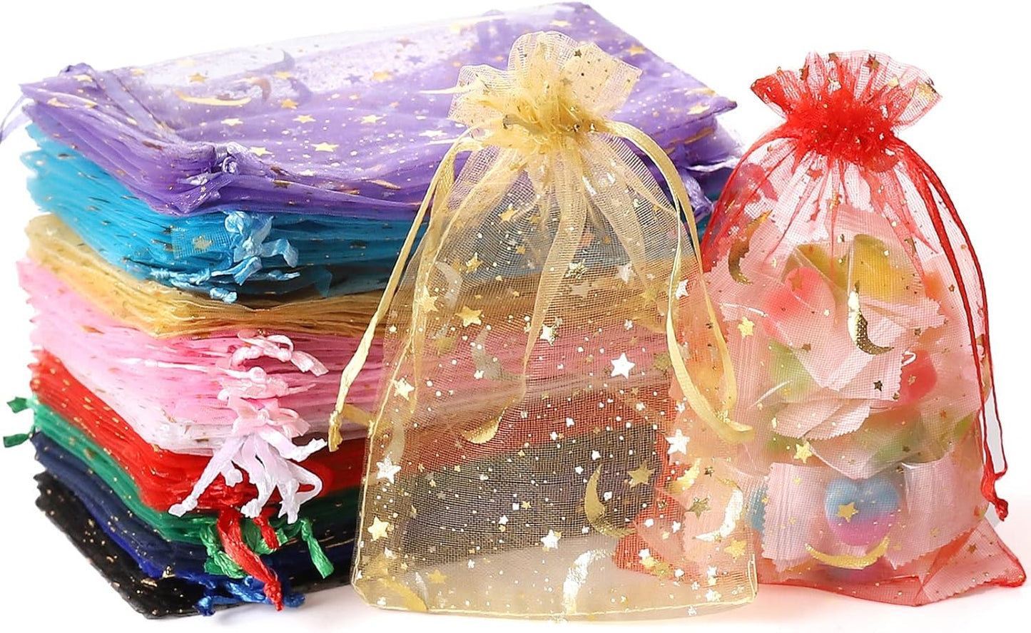 100PCS Moon Star Organza Bags, 4x6" Wedding Favors Bags with Drawstring, Mixed Color Little Mesh Candy Gift Pouches for Party, Jewelry, Christmas, Festival, Eid Mubarak Party Favor Bags