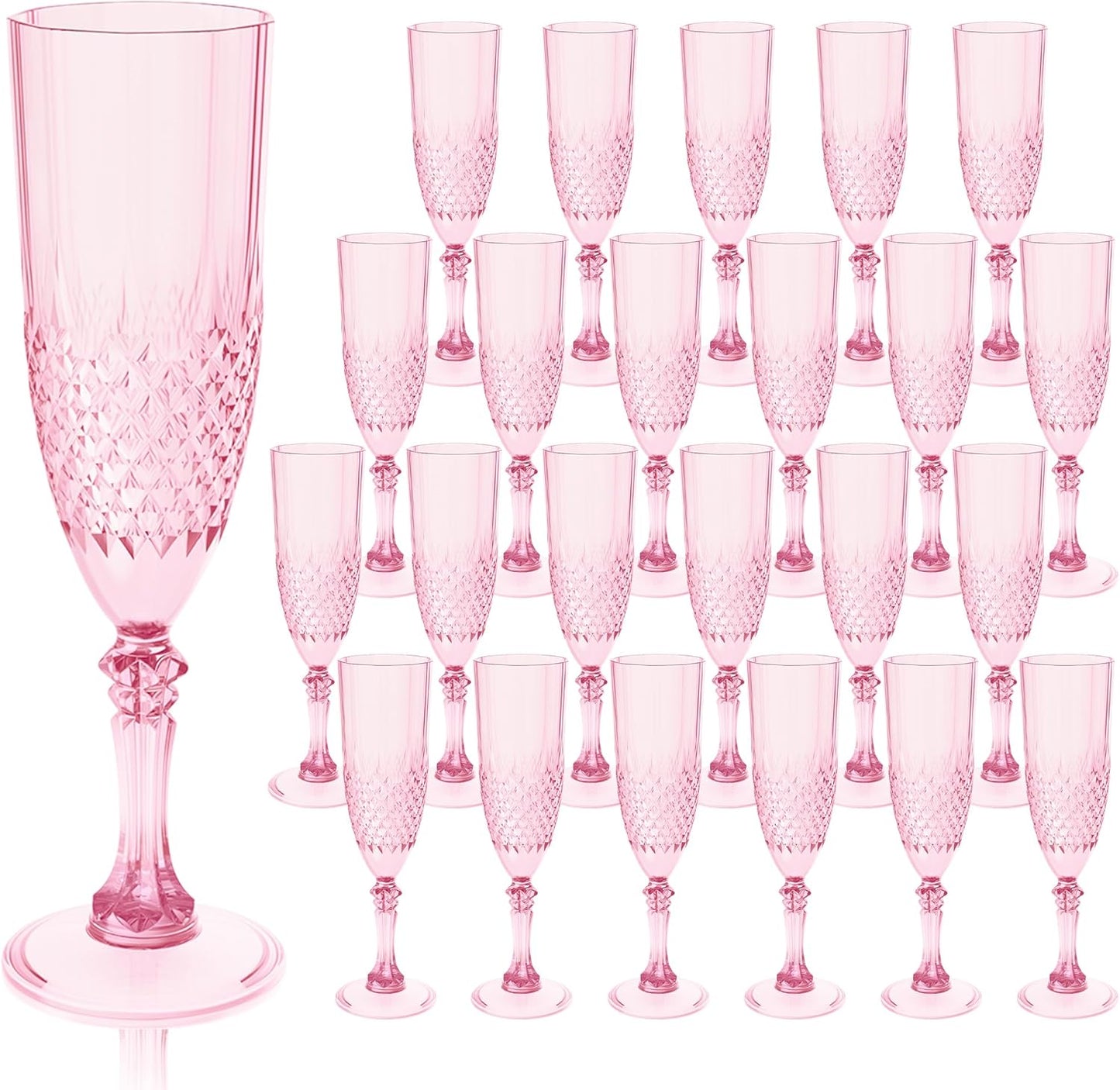 Plastic Champagne Flutes, 24PCS Pink Wine Glasses Goblets Cups Reusable Flute, for Weddings Bachelor Parties Toasting and Events (24, Pink)