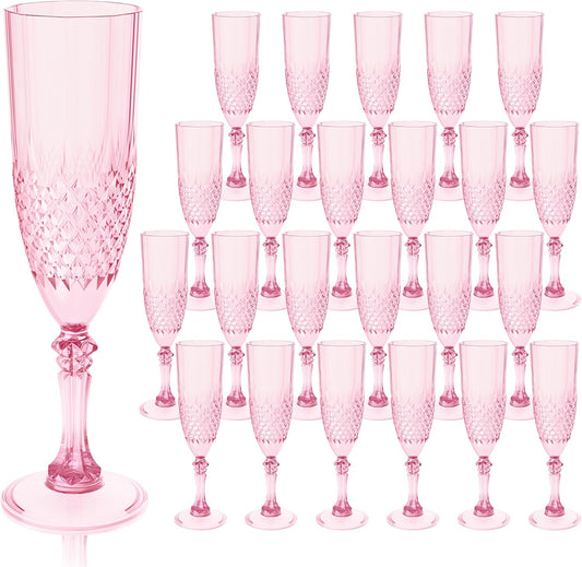 Plastic Champagne Flutes, 24PCS Pink Wine Glasses Goblets Cups Reusable Flute, for Weddings Bachelor Parties Toasting and Events (24, Pink)