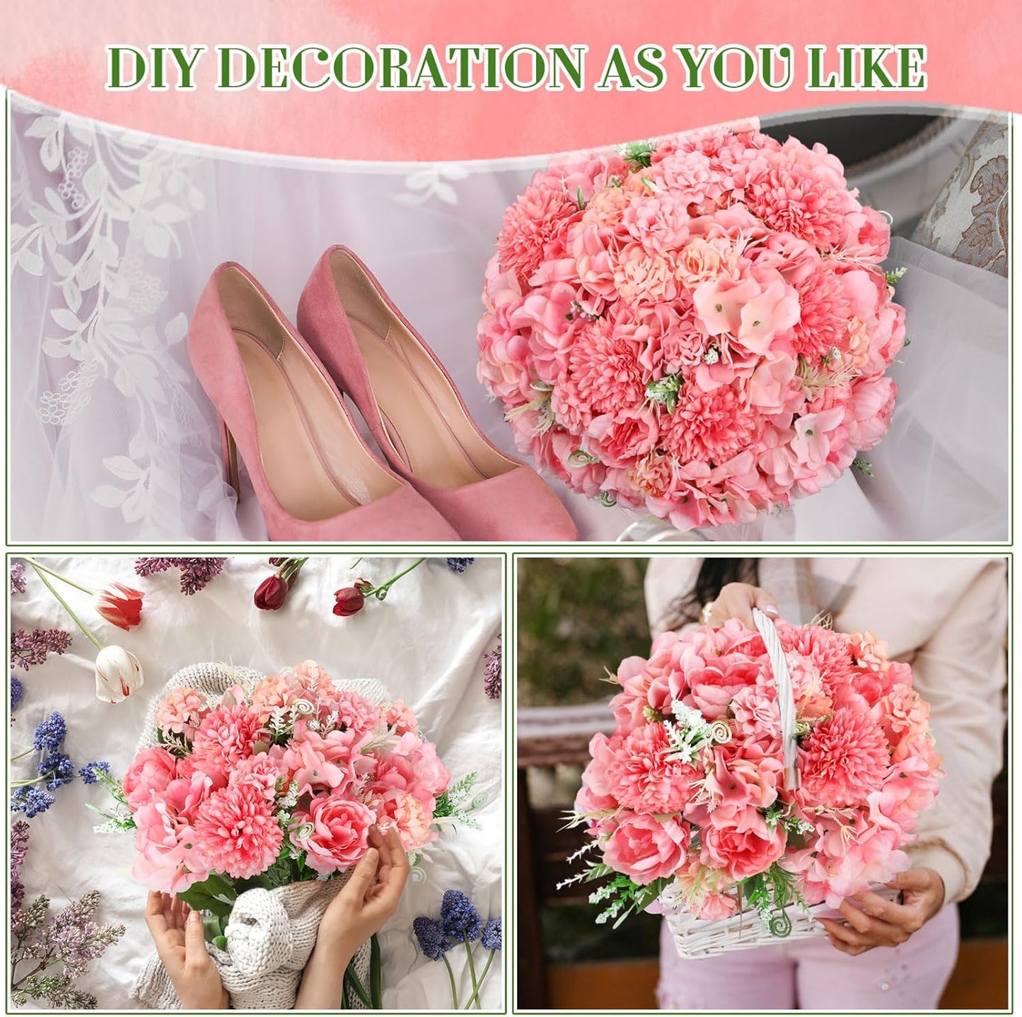 Tigeen Artificial Flowers Artificial Peonies Silk Flowers Faux Peony Fake Peony Silk Hydrangea Bouquet for Wedding Table Centerpiece Floral Vase Decor(Rose Pink,12 Bundles)