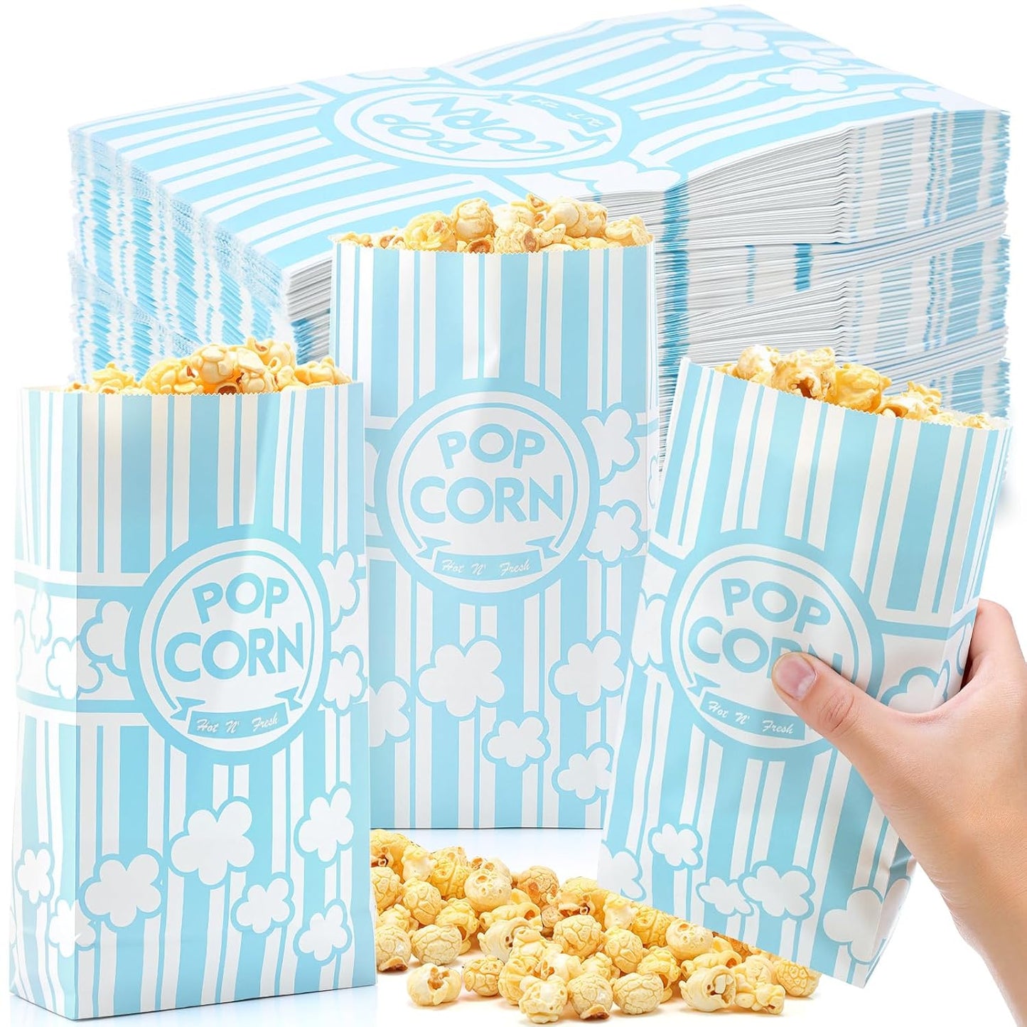 200 Pcs Paper Popcorn Bags Bulk 2 oz Large Flat Bottom Boxes Red and White Disposable Container Sleeve Movie Night Popcorn Bucket for Retro Movie Themed Party Carnival Supplies (Light Blue and White)