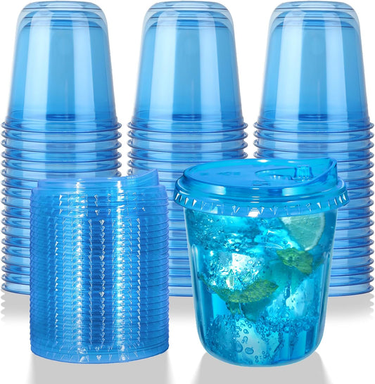 12oz Disposable Stemless Glasses With Strawless Sip Lids,PET Disposable Drinking Cups,Clear Plastic Wine Glasses for Parties Birthday,Wedding,Meeting,Christmas Party Supplies. (50, Blue)