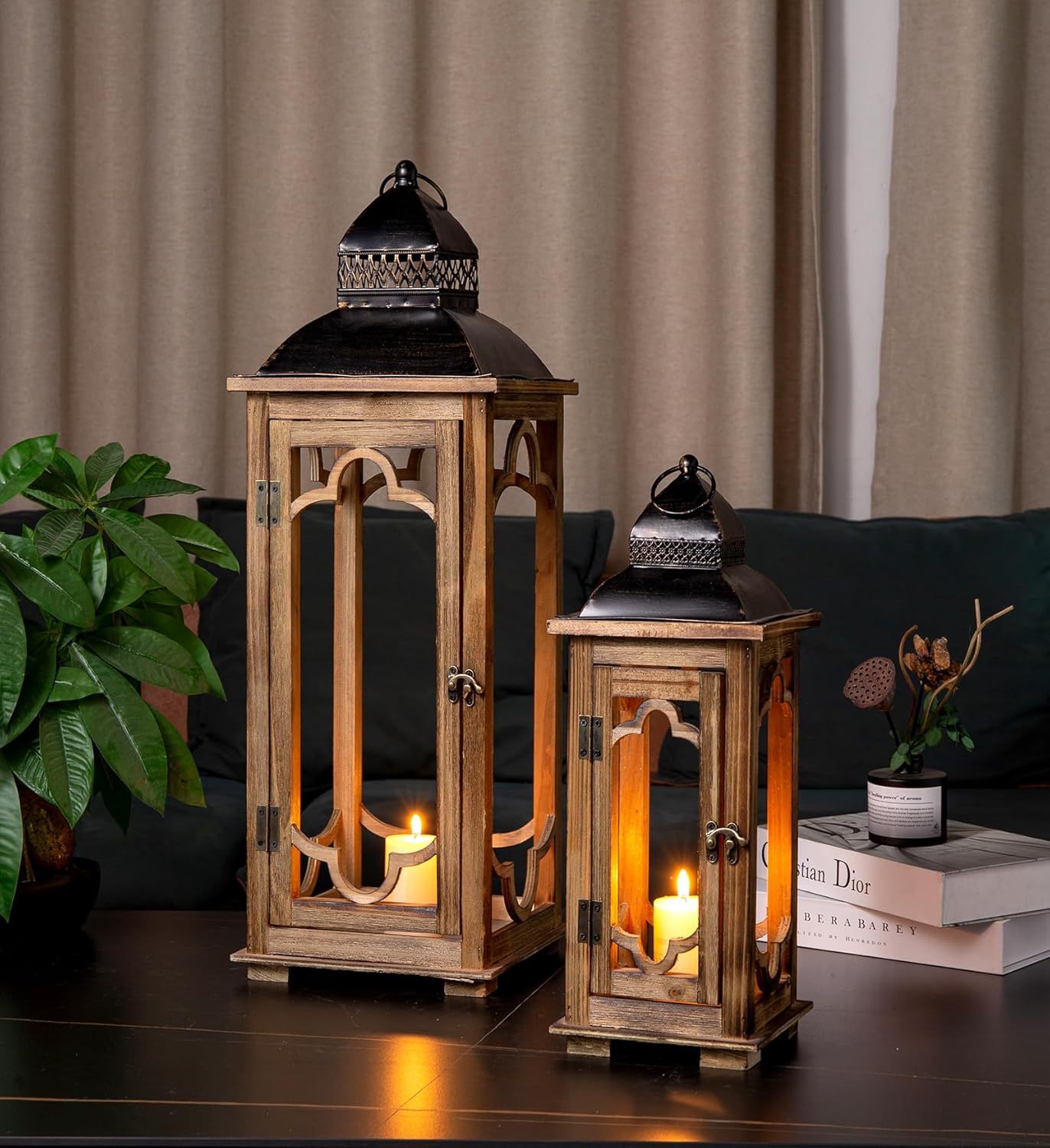 Large Farmhouse Decorative Wooden Lantern Set of 2, Rustic Brown Floor Lanterns, Indoor/Outdoor Hurricane Lanterns for Home Decor (No Glass)